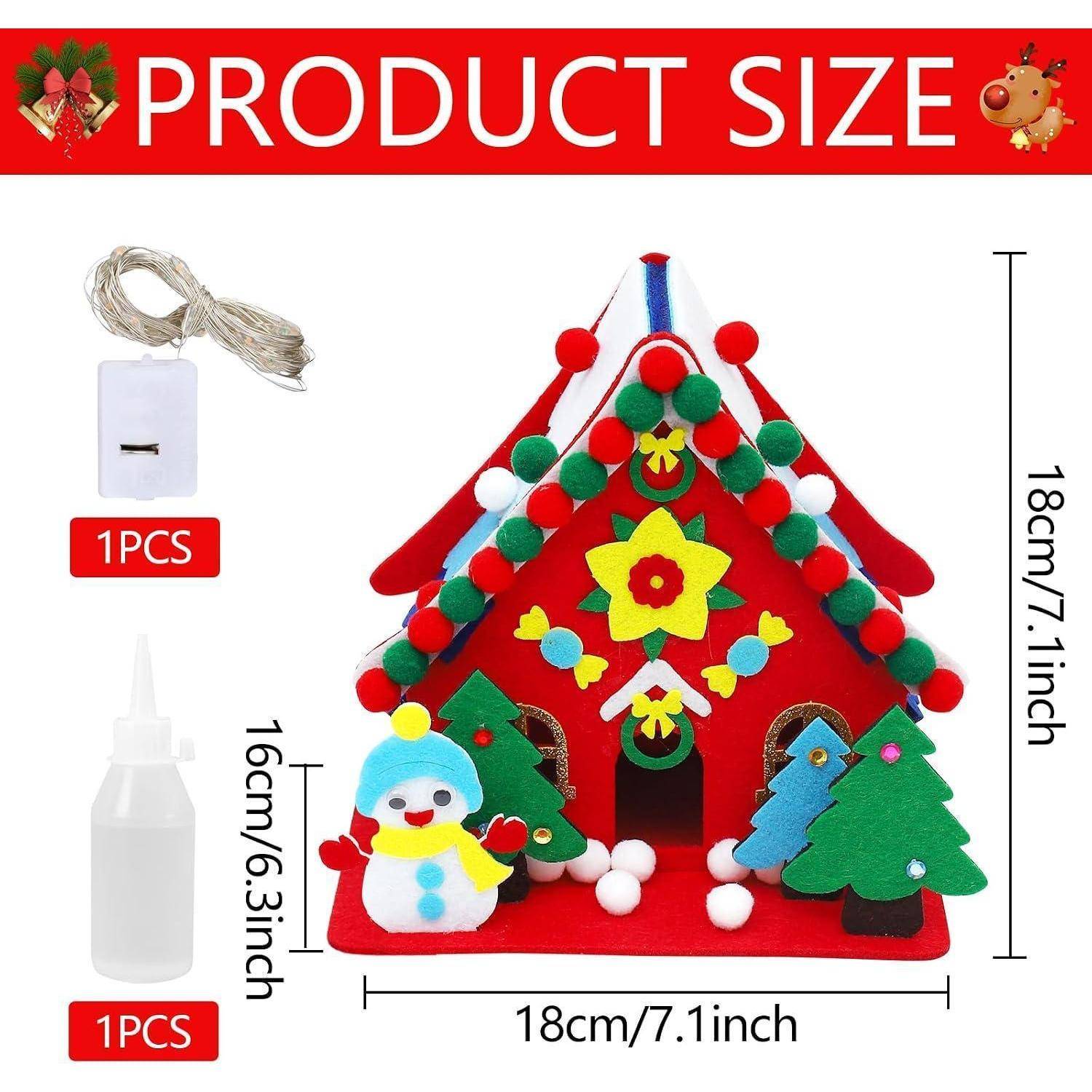 Größentabelle für ein Filz-Weihnachtsdekohäuschen: 18 cm breit, 18 cm hoch, mit enthaltenem Lichterkettensatz und Flasche Kleber, jeweils gekennzeichnet als 1 Stk.