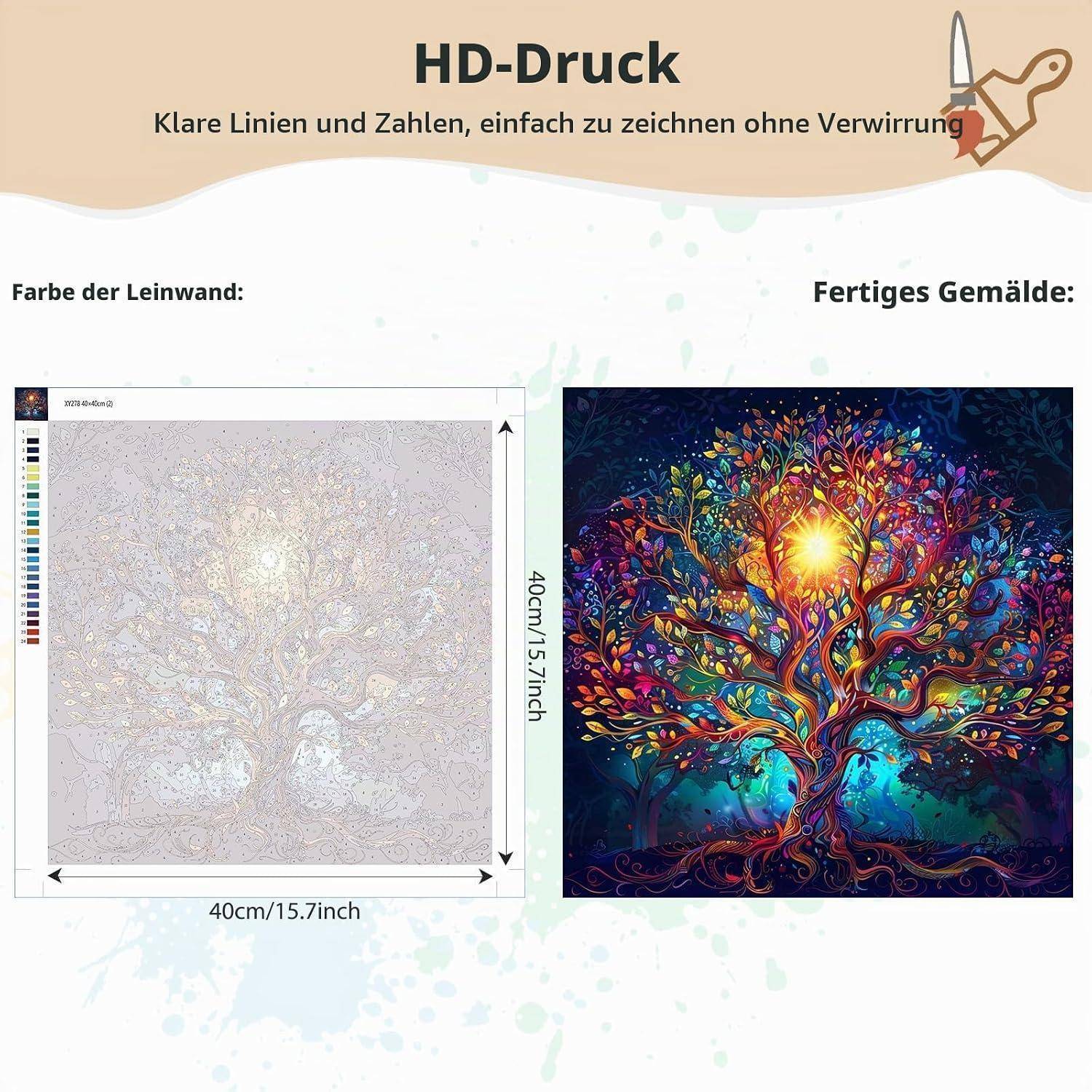 Werbegrafik für HD-Druck zeigt eine leere Leinwand auf der linken Seite und das fertige bunte Baum-Kunstwerk auf der rechten Seite, beide mit 40 cm/15,7 Zoll beschriftet.