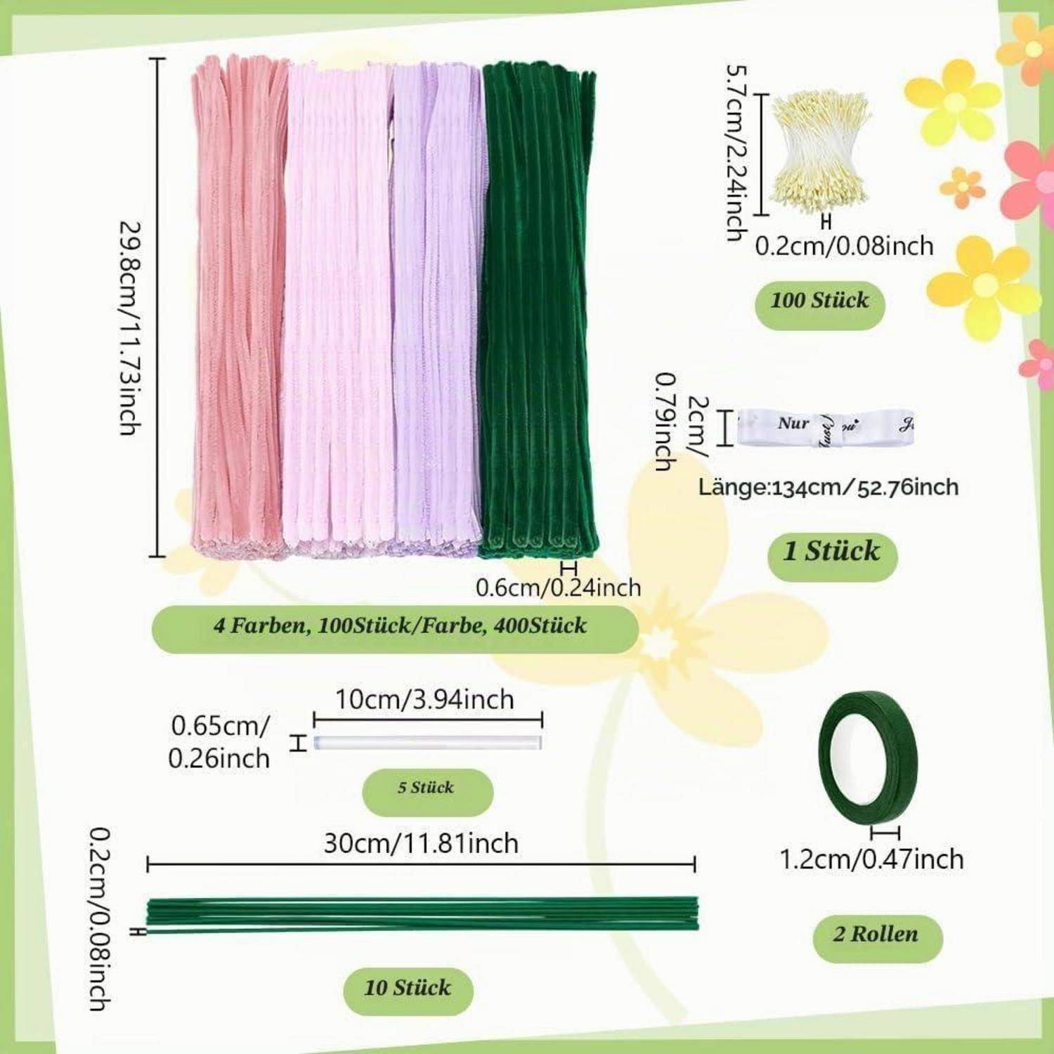 Produktgrößentabelle mit farbigen floralen Drahtstängeln und Bandrolle mit Abmessungen und Mengen: 4 Farben, 100, 1, 5, 10 und 2 Stück/Rollen.