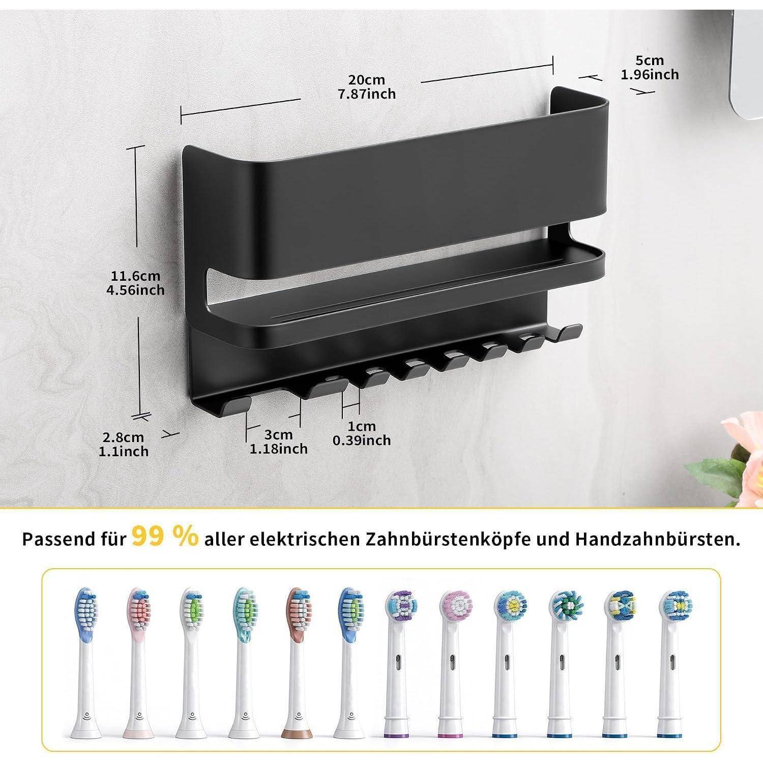 Schwarzer wandmontierter Badezimmorganizer mit Regal und Zahnburstenhaken, gezeigt mit Größenmessungen; enthält Text, der besagt, dass er zu 99 % der elektrischen und manuellen Zahnburstenkopfe passt.
