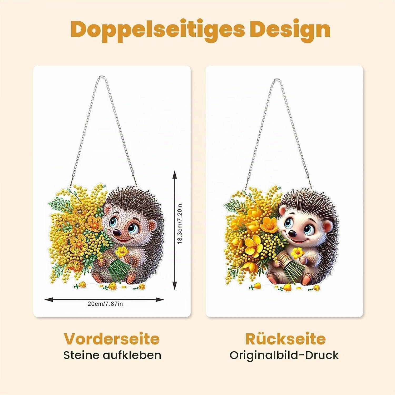Vergleichsgrafik eines doppelseitigen Designs: Die Vorderseite erfordert das Aufkleben von Steinen, die Rückseite zeigt das ursprüngliche gedruckte Bild eines Igels, der gelbe Blumen hält.