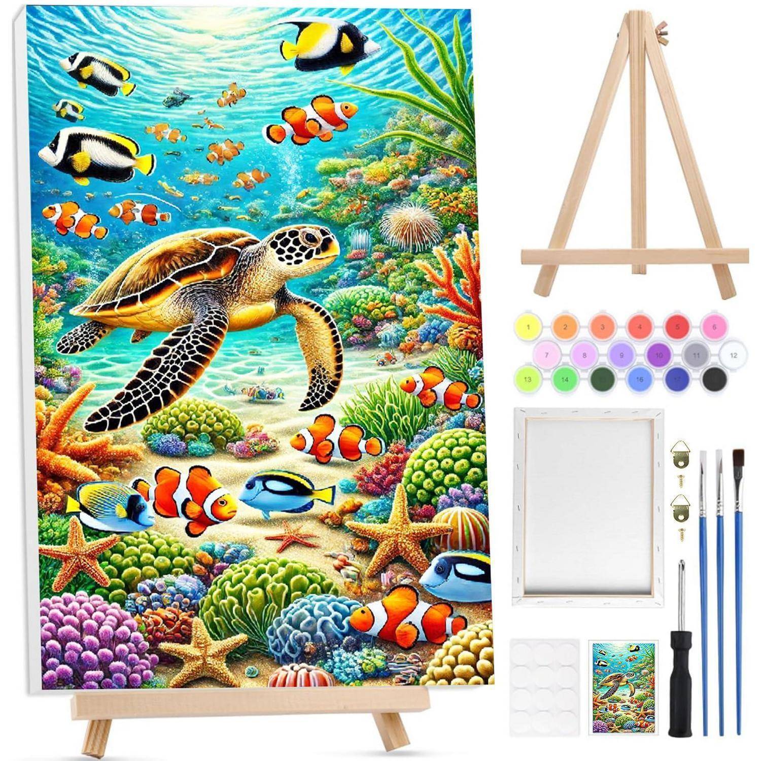 Malset mit Staffelei, Leinwand, Farben, Pinseln und einer Beispielszene einer Unterwasserwelt mit einer Meeresschildkröte, einem Clownfisch und einem Korallenriff.