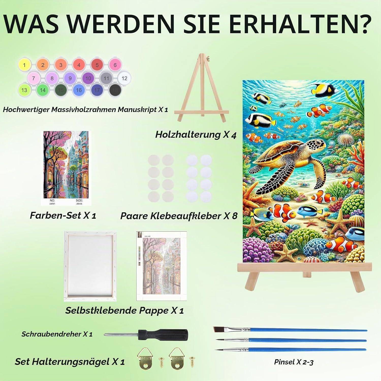 Produktinhalt-Infografik mit einem Rahmen-Manuskript-Set: 1 hochwertiger Massivholzrahmen, 4 Holzstützen, 1 Farbset, 8 Klebsticker, 1 selbstklebendes Karton, 1 Schraubenzieher, 1 Satz Aufhängenägel und 2-3 Pinsel.