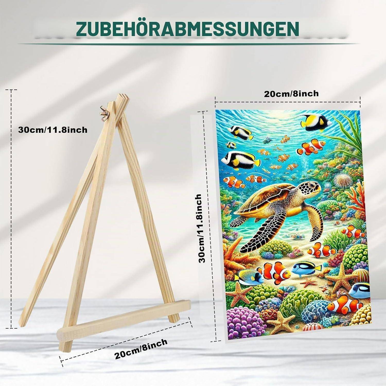 Ein hölzerner Tischständer ist neben einem farbenfrohen Unterwassergemälde abgebildet, mit den beschrifteten Abmessungen 30 cm Höhe und 20 cm Breite für sowohl den Ständer als auch das Kunstwerk.