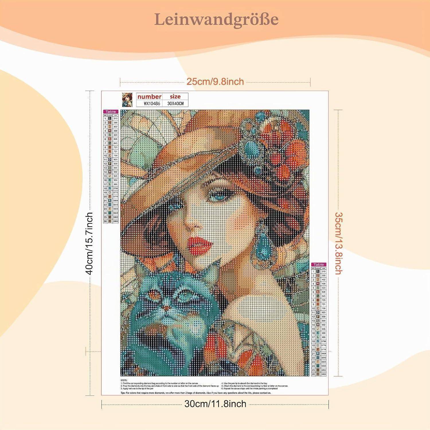 Diagramm, das die Leinwandgröße für ein Diamantgemälde zeigt, mit Abmessungen 30 cm x 40 cm und Bildbereich 25 cm x 35 cm.