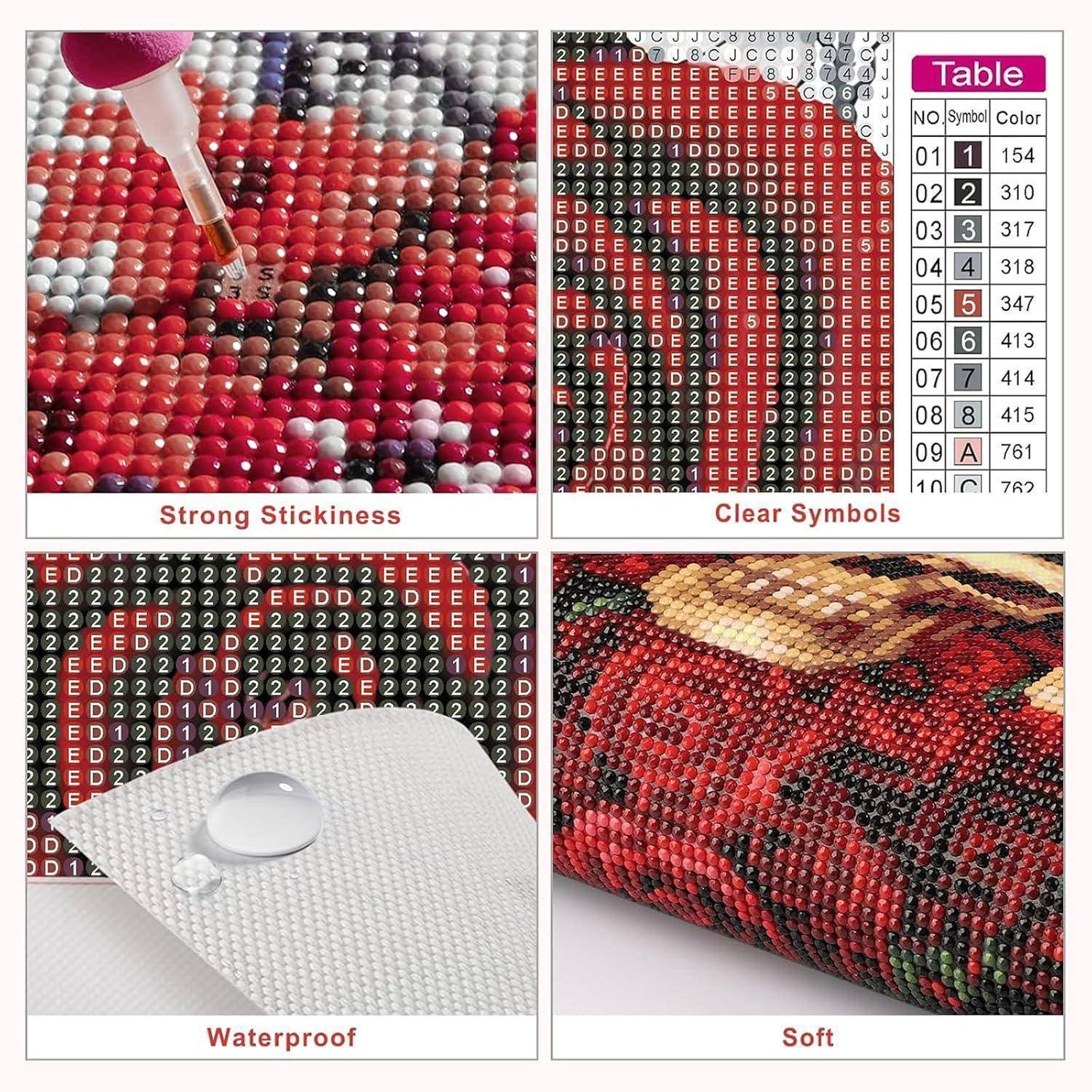 Vierteiliges Produktgrafiken-Set mit Klebstoff-Diamantmalperlen: starke Klebrigkeit, klare Symbole, wasserdichte Oberfläche und weiches verarbeitetes Finish.
