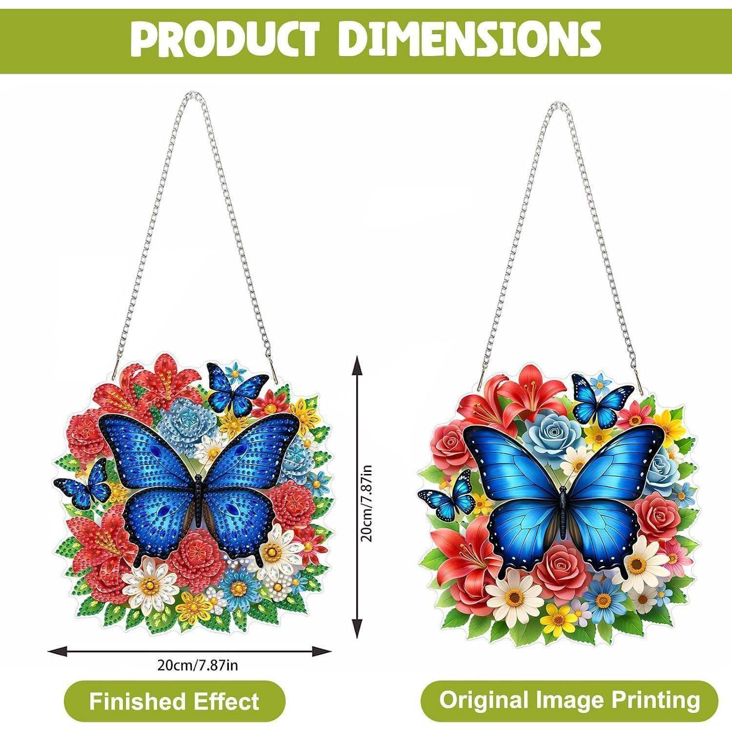Produktdimensionen-Grafik zeigt eine runde florale Schmetterlings-Wanddekoration, 20 cm/7,87 Zoll breit und 20 cm/7,87 Zoll hoch, mit Vergleich von Fertigeffekt und originalem Bilddruck.