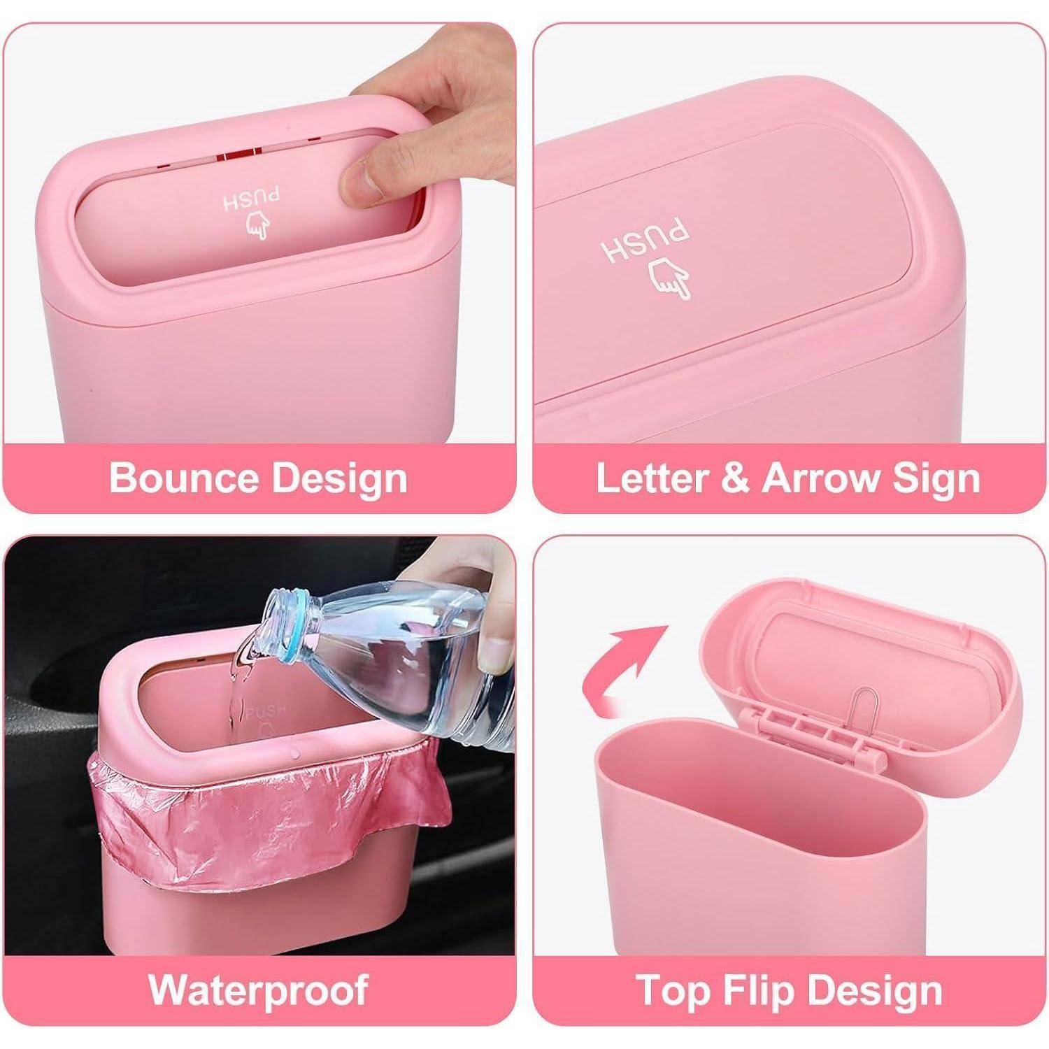 Vierpanel-Werbung für pinken Mülleimer mit Sprungknopf-Design, 'push'-Pfeil, wasserdichter Nutzung und obener Klappdeckel-Öffnung.
