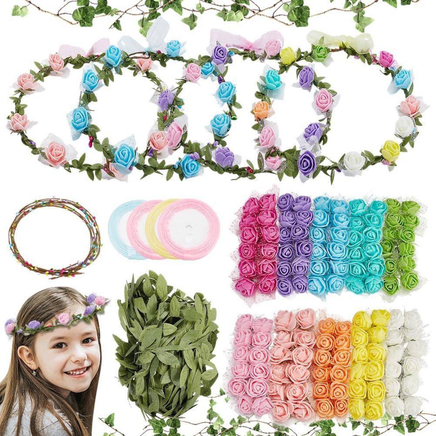 Collage von Blütenkranz-Bastelzubehör: rosenbedeckte Buchstabenumrisse, Drahtrahmen, Bänder, künstliche Blätter und bunte Mini-Rosenbündel sowie ein Kind, das eine Blumenkrone trägt.