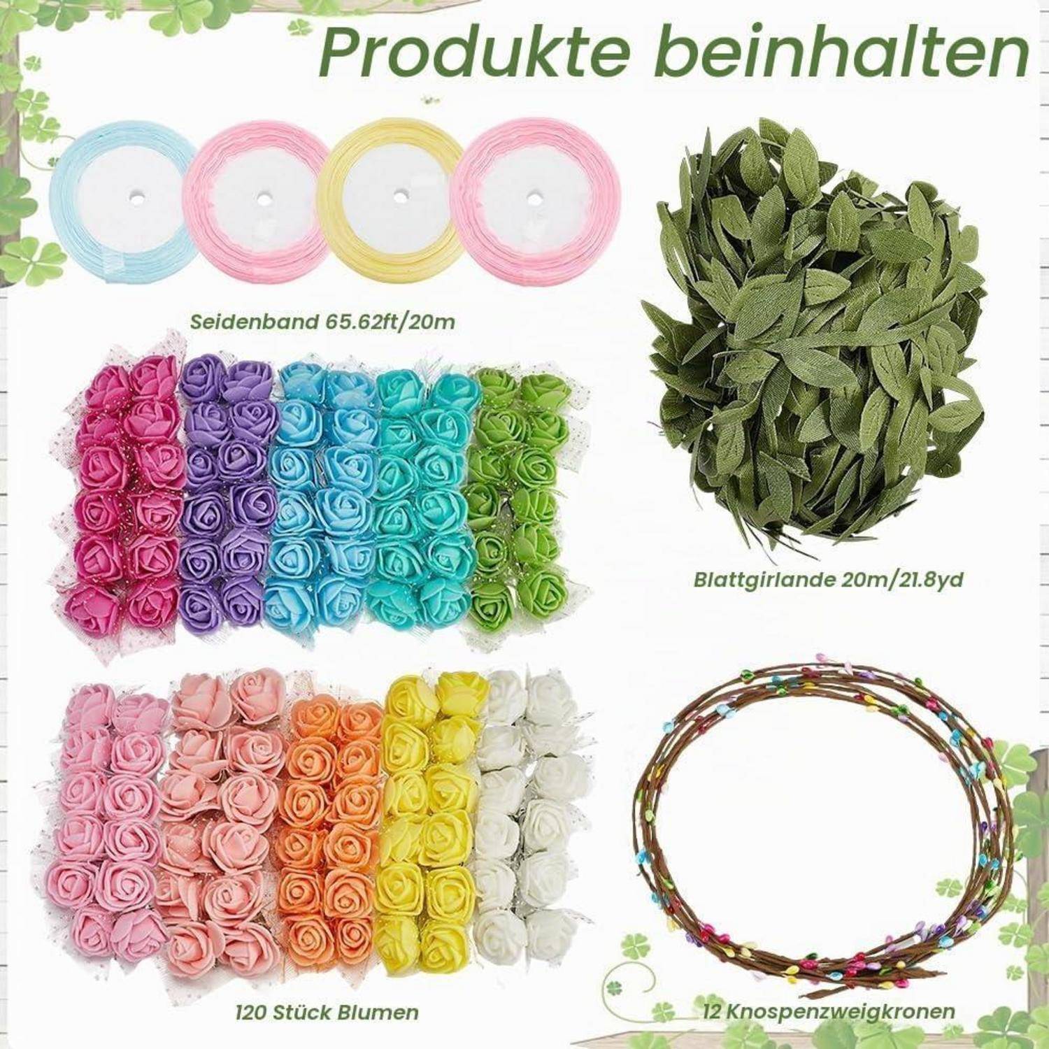 Collage von Bastelmaterialien enthalten: vier Pastellband-Spulen, farbige Rosenblüten, grüne Blattgirlande und Zweigkranzringe, beschriftet auf Deutsch.