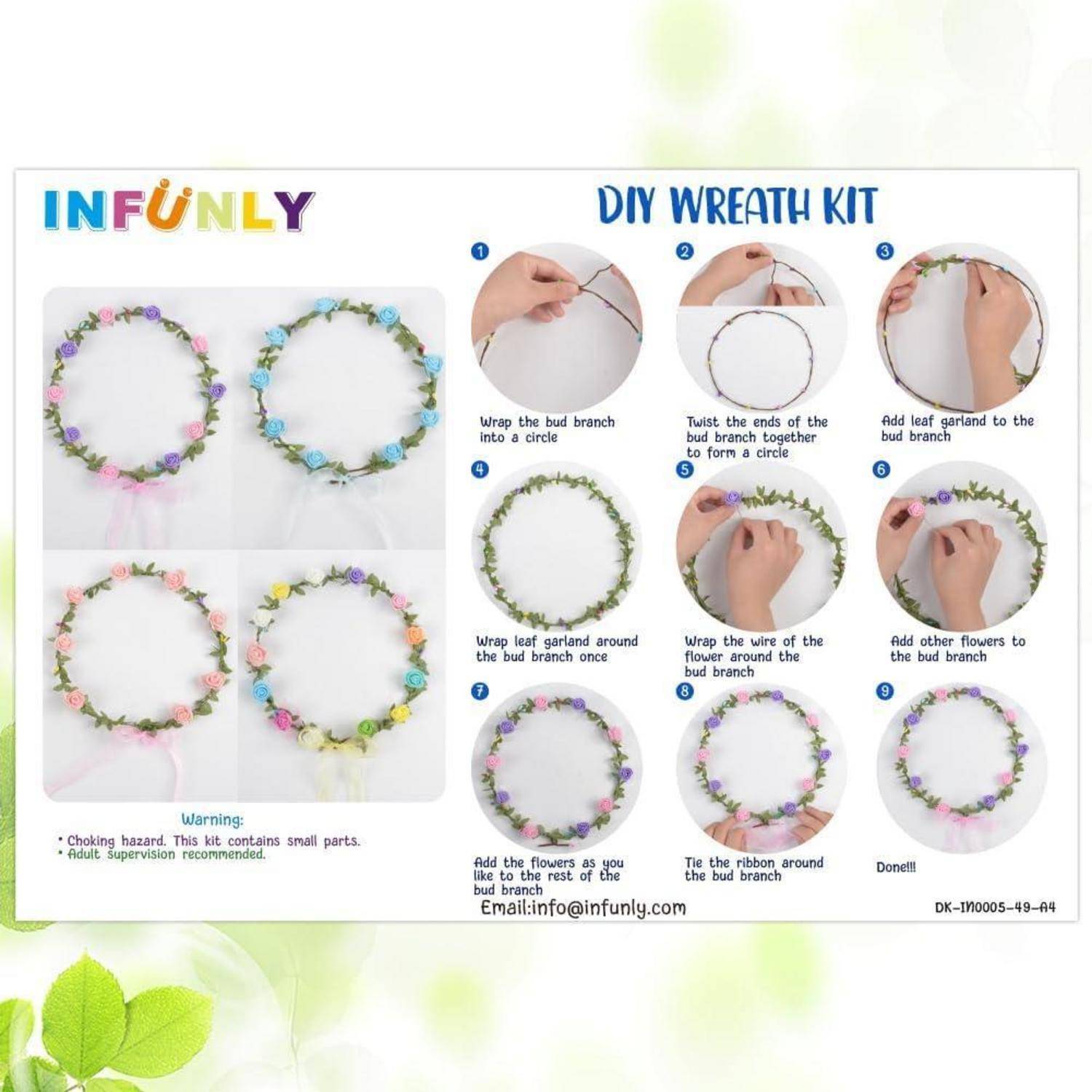 Infunly DIY-Kranzkitanleitung mit vier Blumenkranzbeispielen und Schrittfotografien zum Wickeln von Draht und zum Hinzufügen von Blüten zu einem Knospenastkreis.