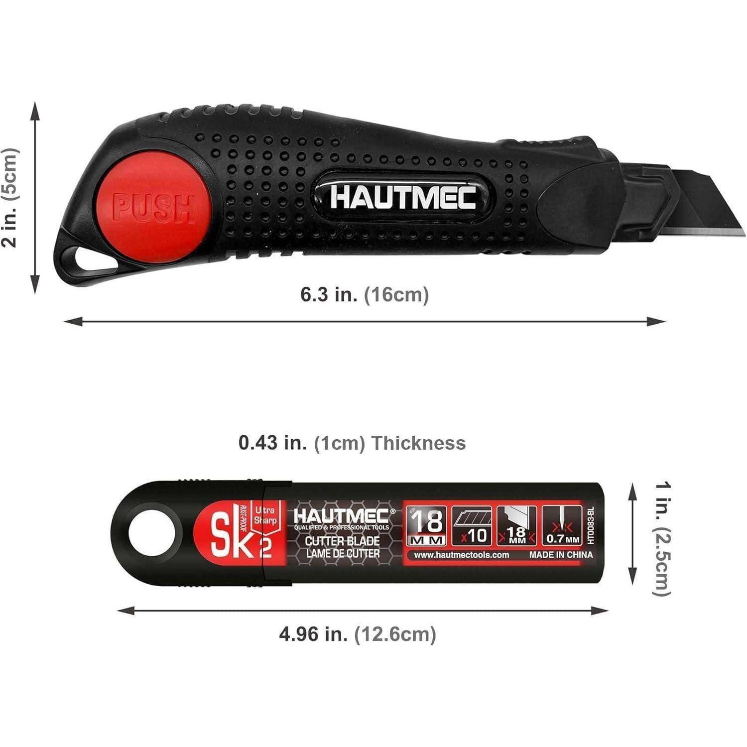 Hautmec Universalmesser mit ausfahrbarer Klinge, dargestellt mit ausgefahrener Klinge und Ersatzklingenpackung darunter, mit Abmessungen in Zoll und Zentimetern gekennzeichnet.