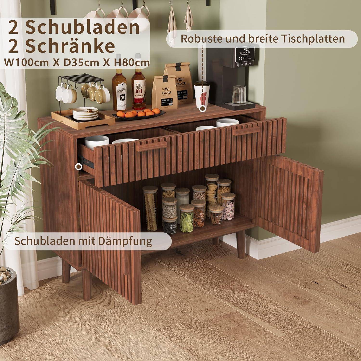 Holzkommode mit zwei Schubladen und zwei Schränken, geöffnet zur Anzeige des Stauraums; der Text hebt die Abmessungen B100cm x T35cm x H80cm, eine robuste Tischplatte und sanft schließende Schubladen hervor.