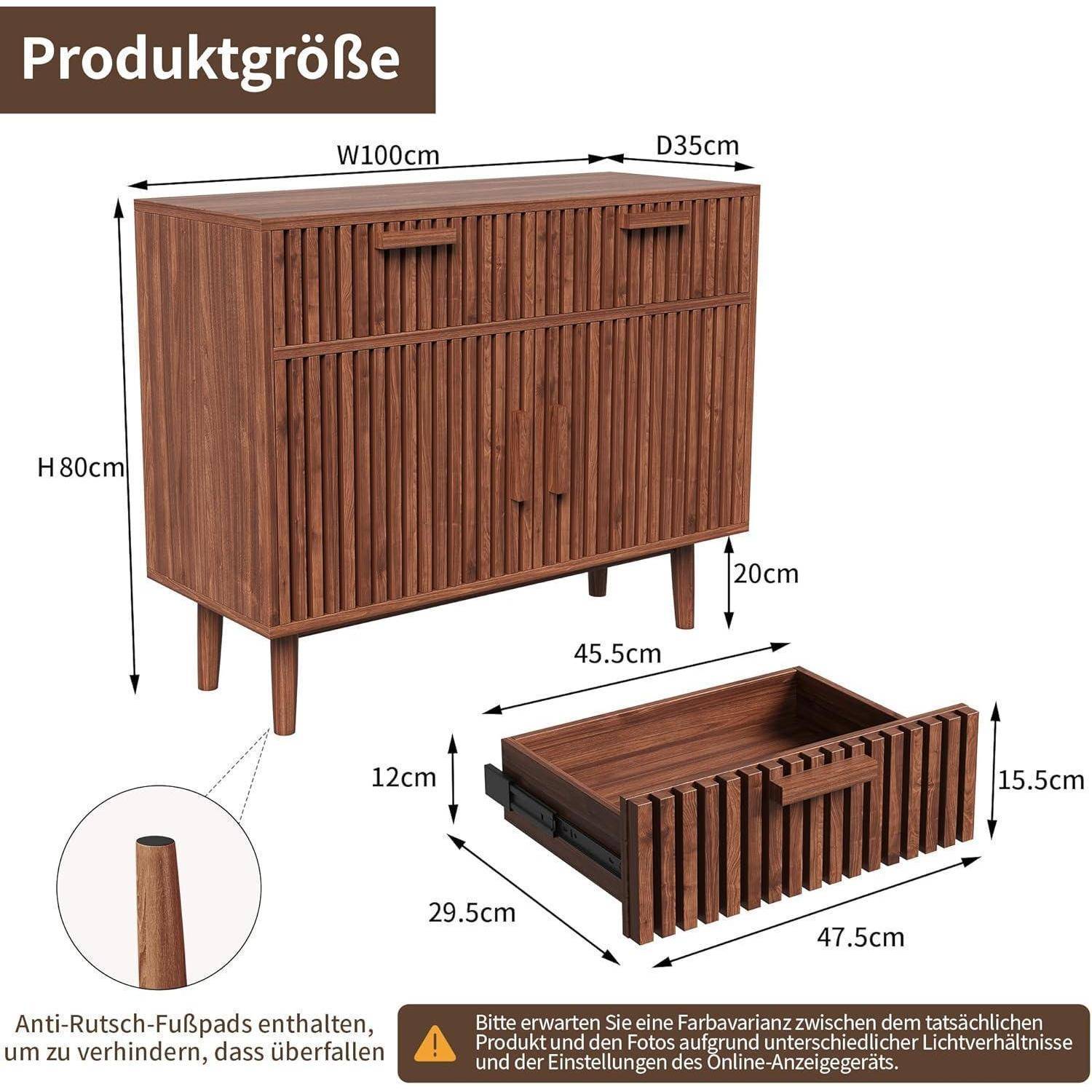 Produktgrößendiagramm eines Holzschranks: B100cm x T35cm x H80cm, mit Schubladendimensionen 47,5cm x 29,5cm x 15,5cm und 45,5cm/20cm Maßangaben angezeigt.