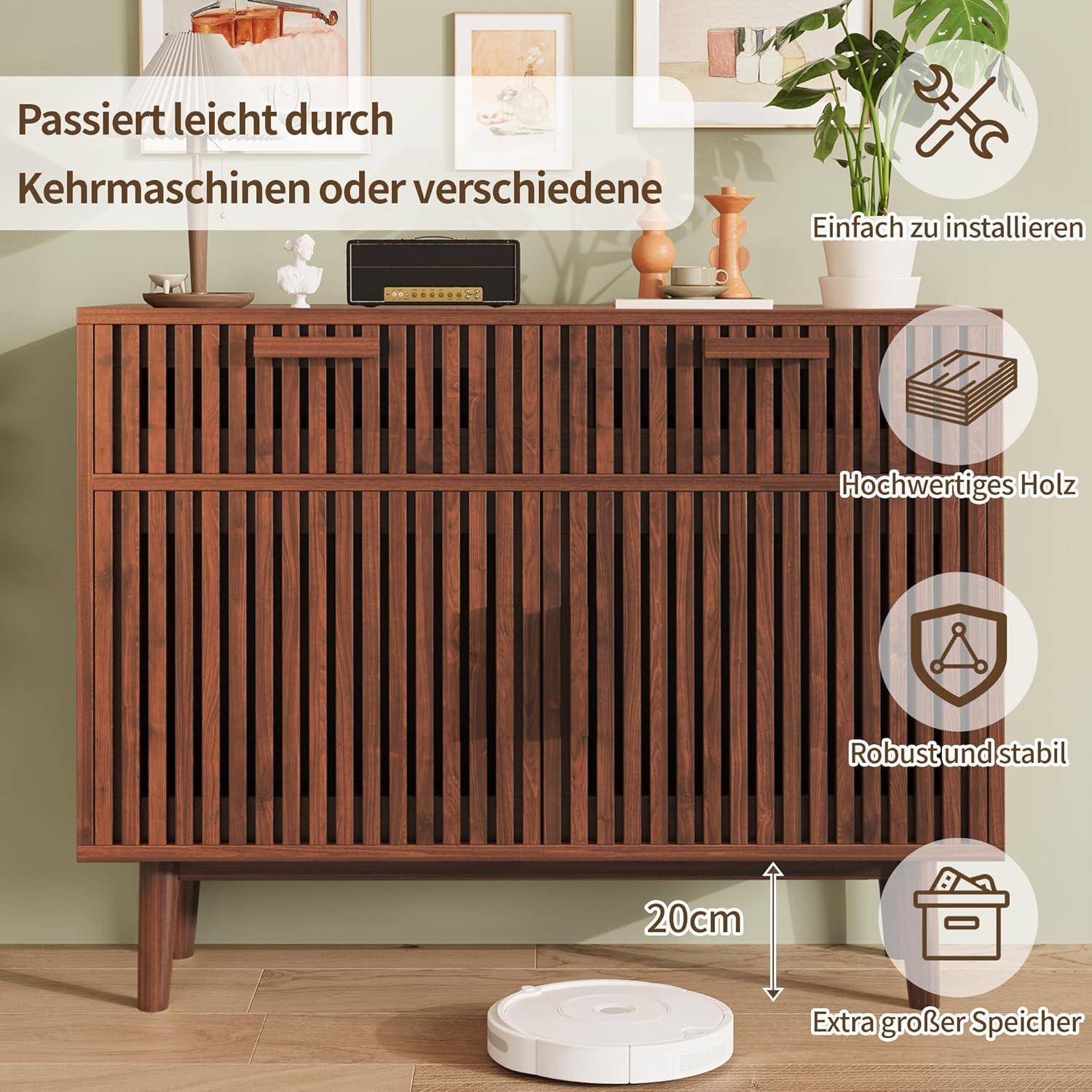 Holzlattenkasten, der als Roboterstaubsauger-Abdeckung verwendet wird, mit der Bezeichnung einfache Installation, hochwertigem Holz, robust und zusätzlichem großem Stauraum; 20 cm Bodenfreiheit dargestellt.