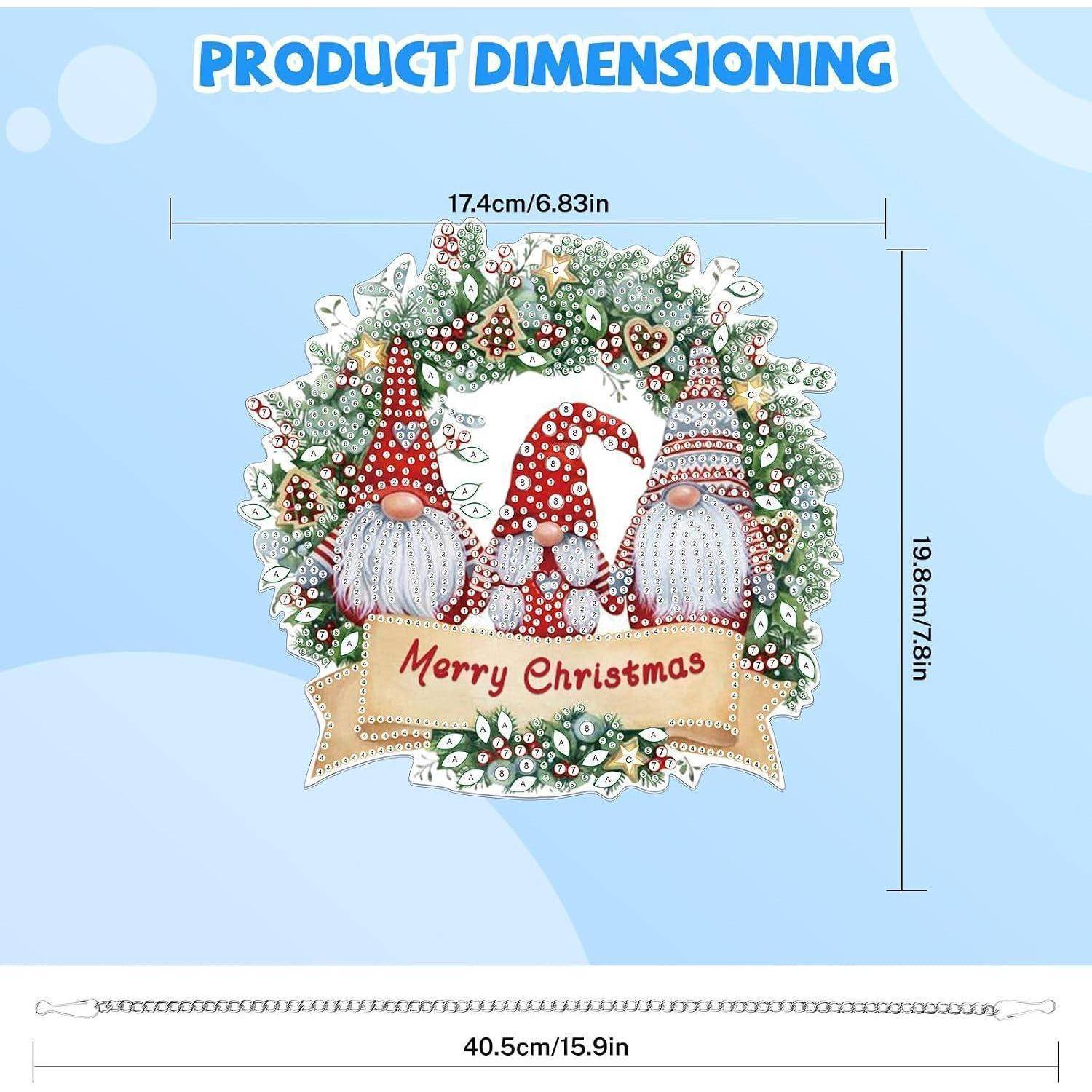 Produktdimensionierungsbild einer Weihnachtskranzdekoration mit drei Zwergen und einem 