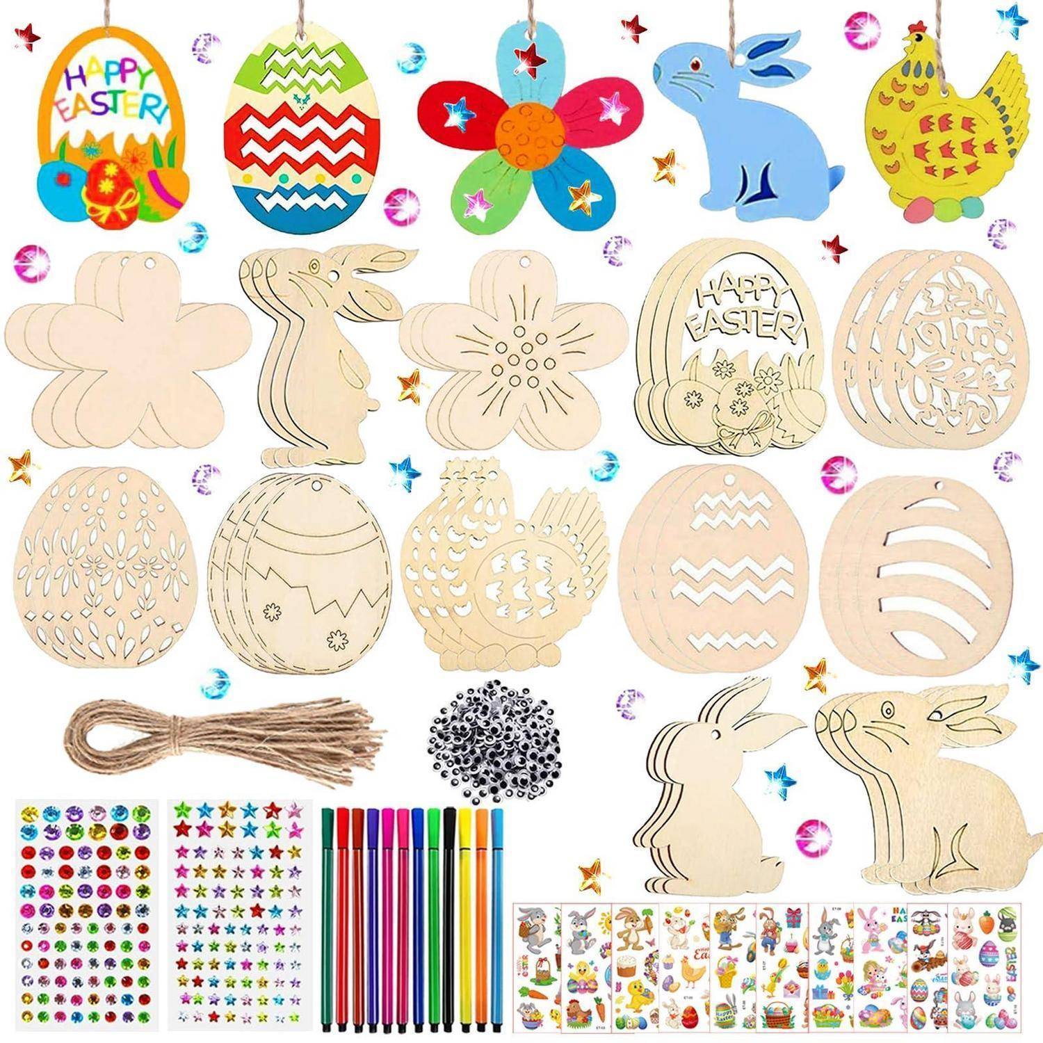 Sortiertes Oster-Bastelset mit ausgestanzten Holzeiern und Hasen, farbigen Markern, Aufklebern, Pailletten, Schnur und dekorierten Musterdesigns.