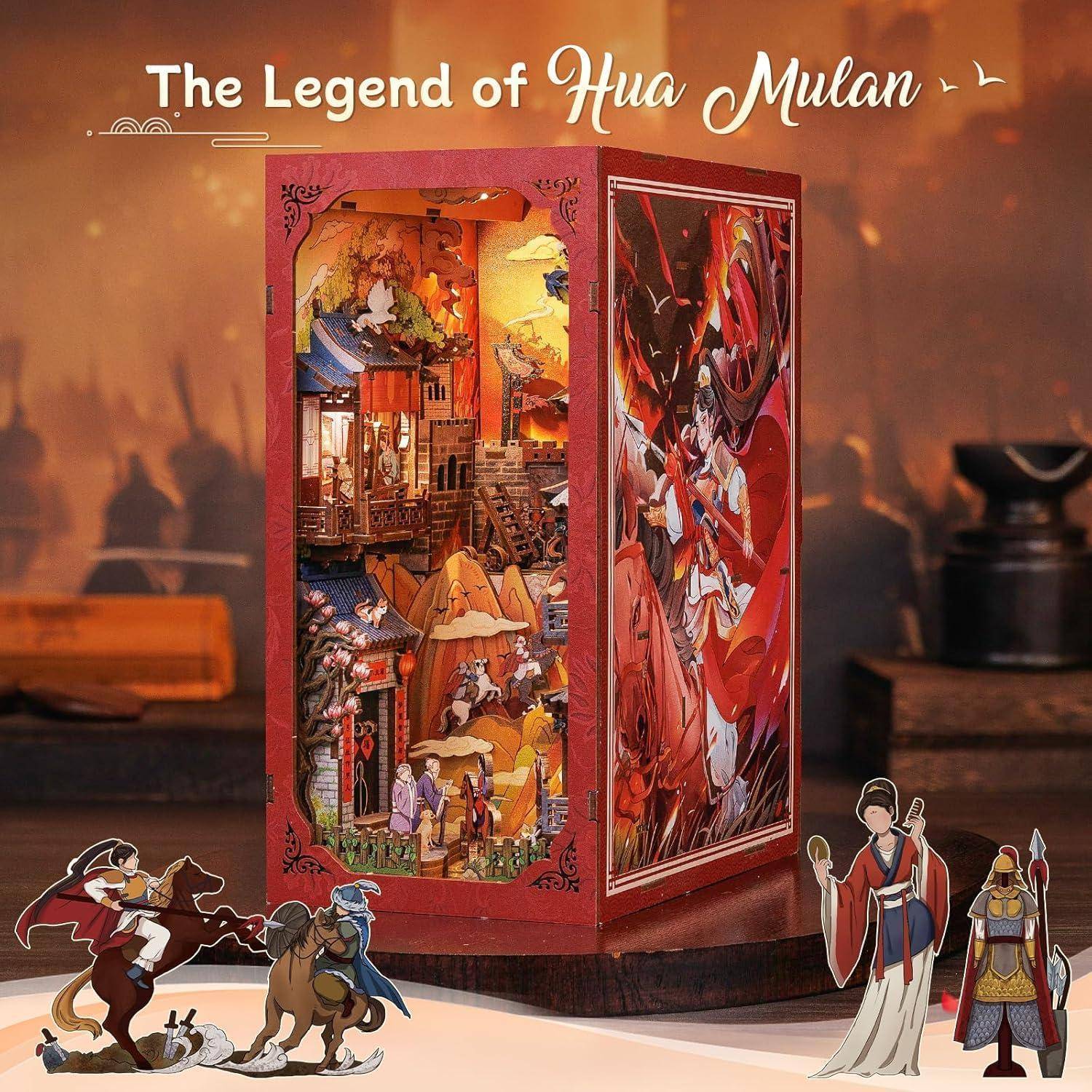 Werbebild für „The Legend of Hua Mulan" mit einer kunstvollen roten Pop-up-Box Diorama mit Mulan-Szenen und Charakteren im Vordergrund.