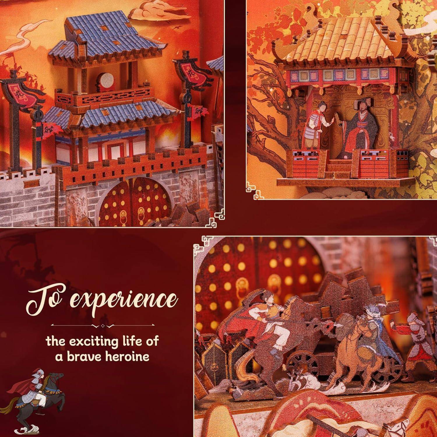 Werbecollage für ein traditionelles chinesisch-thematisches Spielset oder Puppenhaus, das ein Torhaus und Figuren zeigt, mit dem Text "Um das aufregende Leben einer tapferen Heldin zu erleben"".