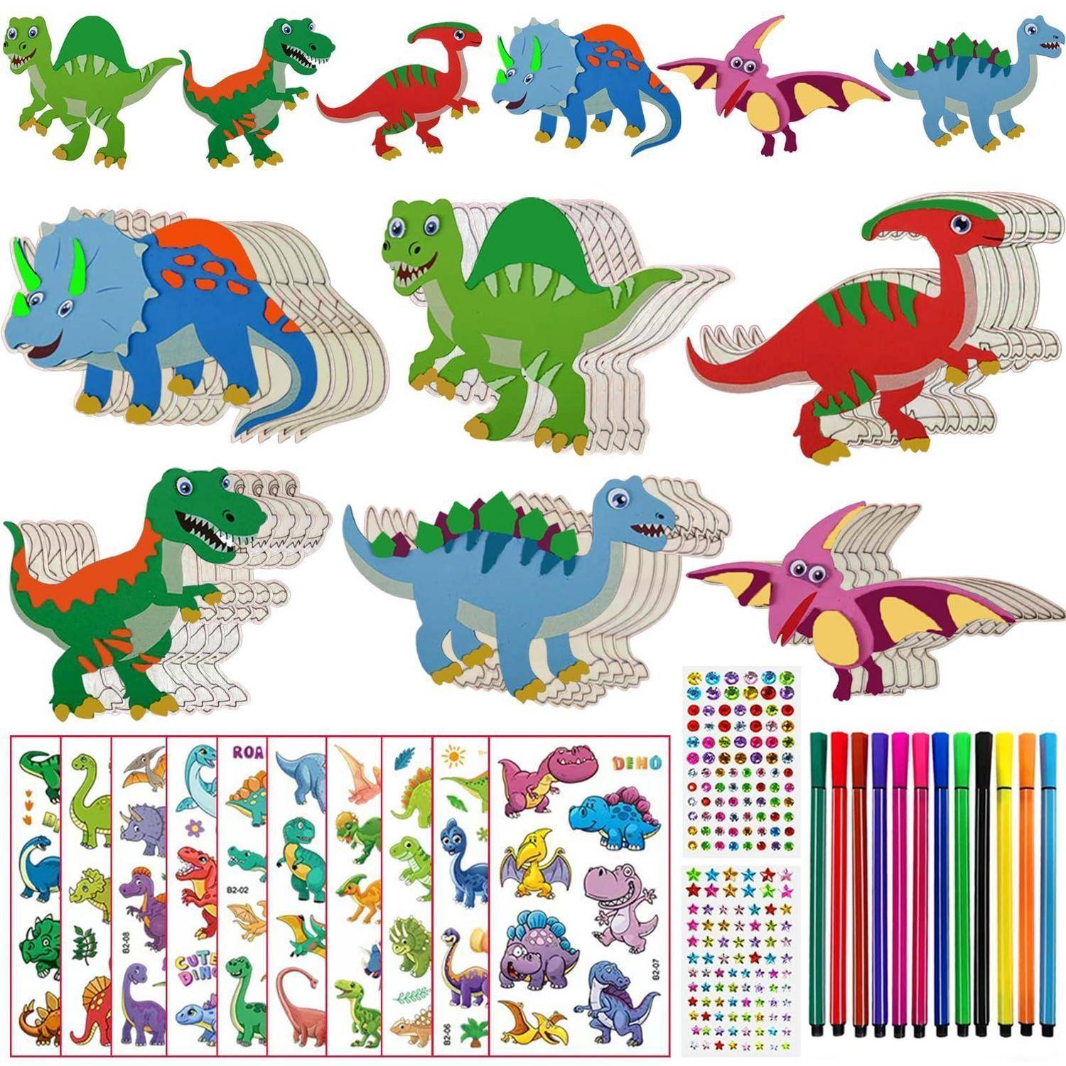 Ausmalseite mit Cartoon-Dinosauriern in verschiedenen Positionen, mit Aufklebeblättern und farbigen Markern als fertiges Beispiel dargestellt.