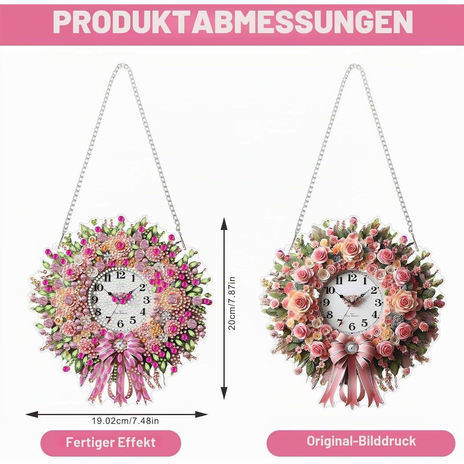 Vergleichsbild einer Blumen-Wanduhr-Anordnung mit "Fertiger Effekt"" und ""Original-Bilddruck"", mit Größenmessungen 20 cm Höhe und 19,02 cm Breite.
