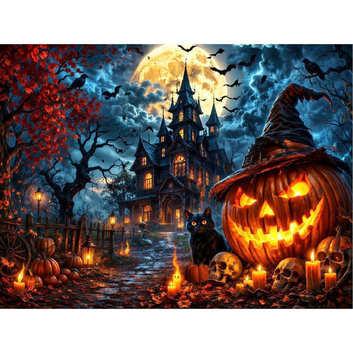 Gruselige Halloween-Szene mit einem leuchtenden Kürbisgesicht, schwarzer Katze, Schädeln und Kerzen vor einem Spukschloss unter einem Vollmond.
