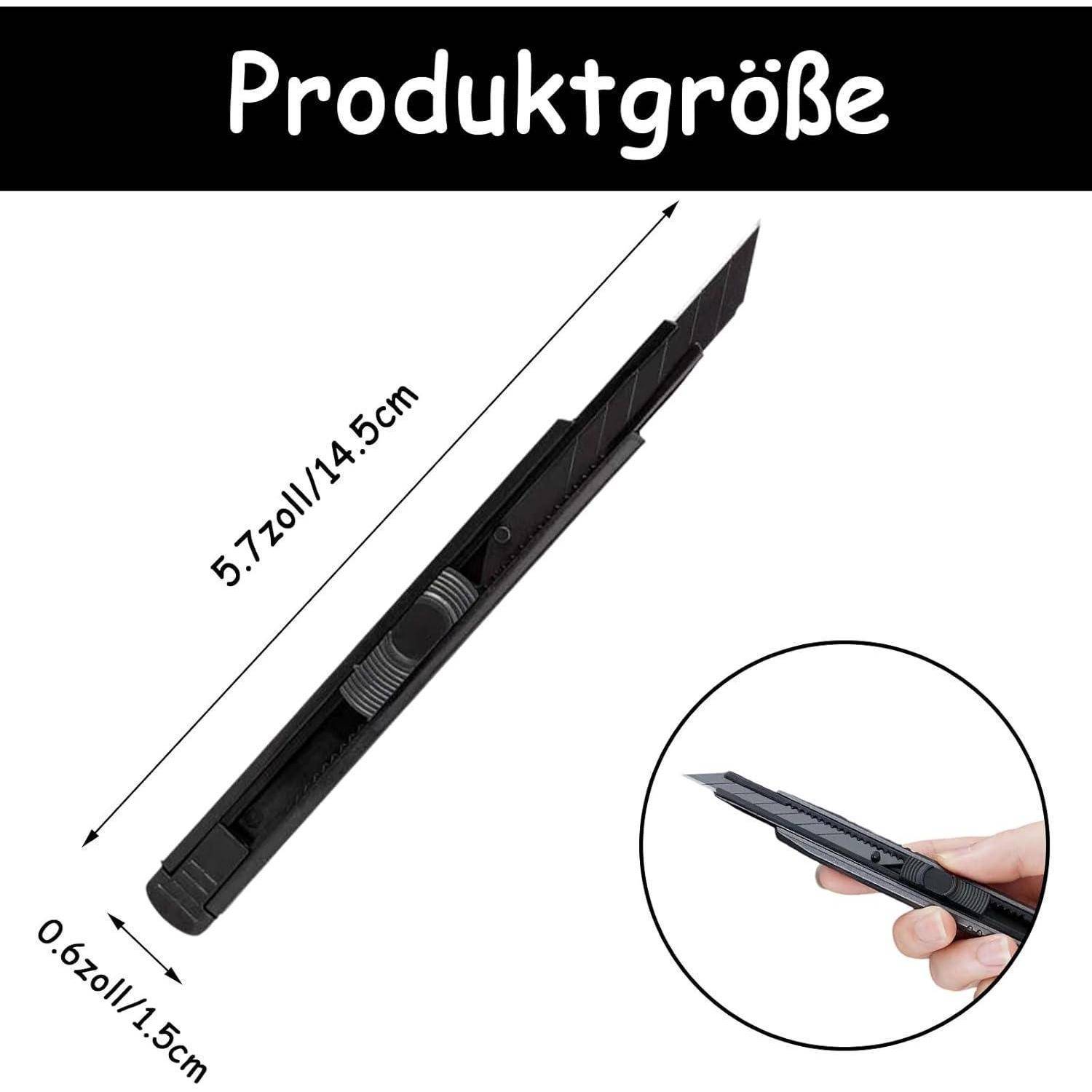 Schwarzes Universalmesser mit Abmessungen von 5,7 Zoll (14,5 cm) Länge und 0,6 Zoll (1,5 cm) Breite, plus eine Hand, die es zur Größenreferenz hält.