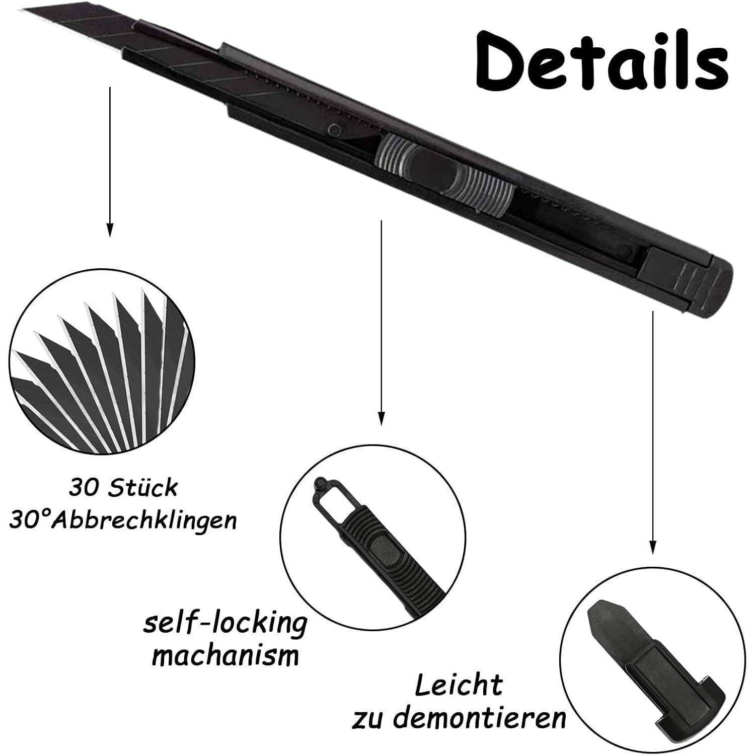 Schwarzes Abbrech-Universalmesser mit beschrifteten Details: 30 Klingen, Selbstsicherungsmechanismus und einfache Zerlegung.
