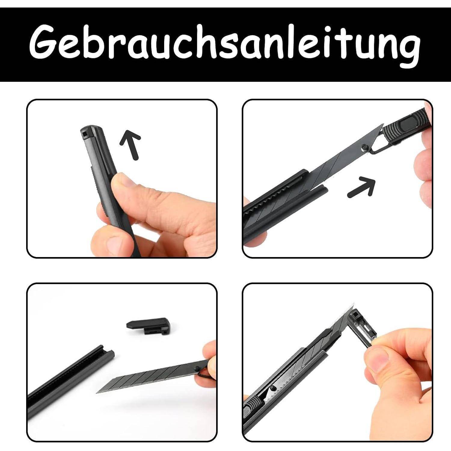 3 Stück Cuttermesser Set, 3 pcs 9mm Messer mit 30 pcs 30°Abbrechklingen, Einziehbar Profi-Cuttermesser Gebildet Universalmesser, Schwarz Hochpräzis