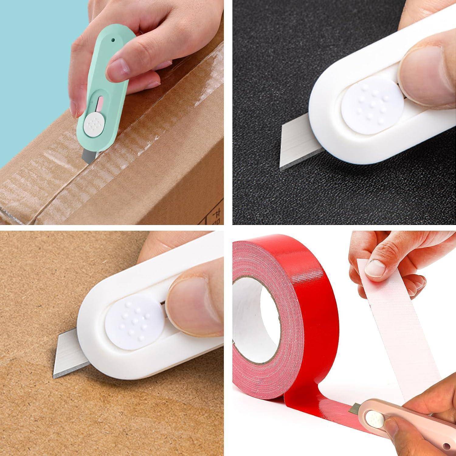 Hände verwenden kompakte Boxen und Tapeabroller zum Schneiden von Verpackungsband, Karton und rotem Klebeband in einer vier-teiligen Produktdemonstration.