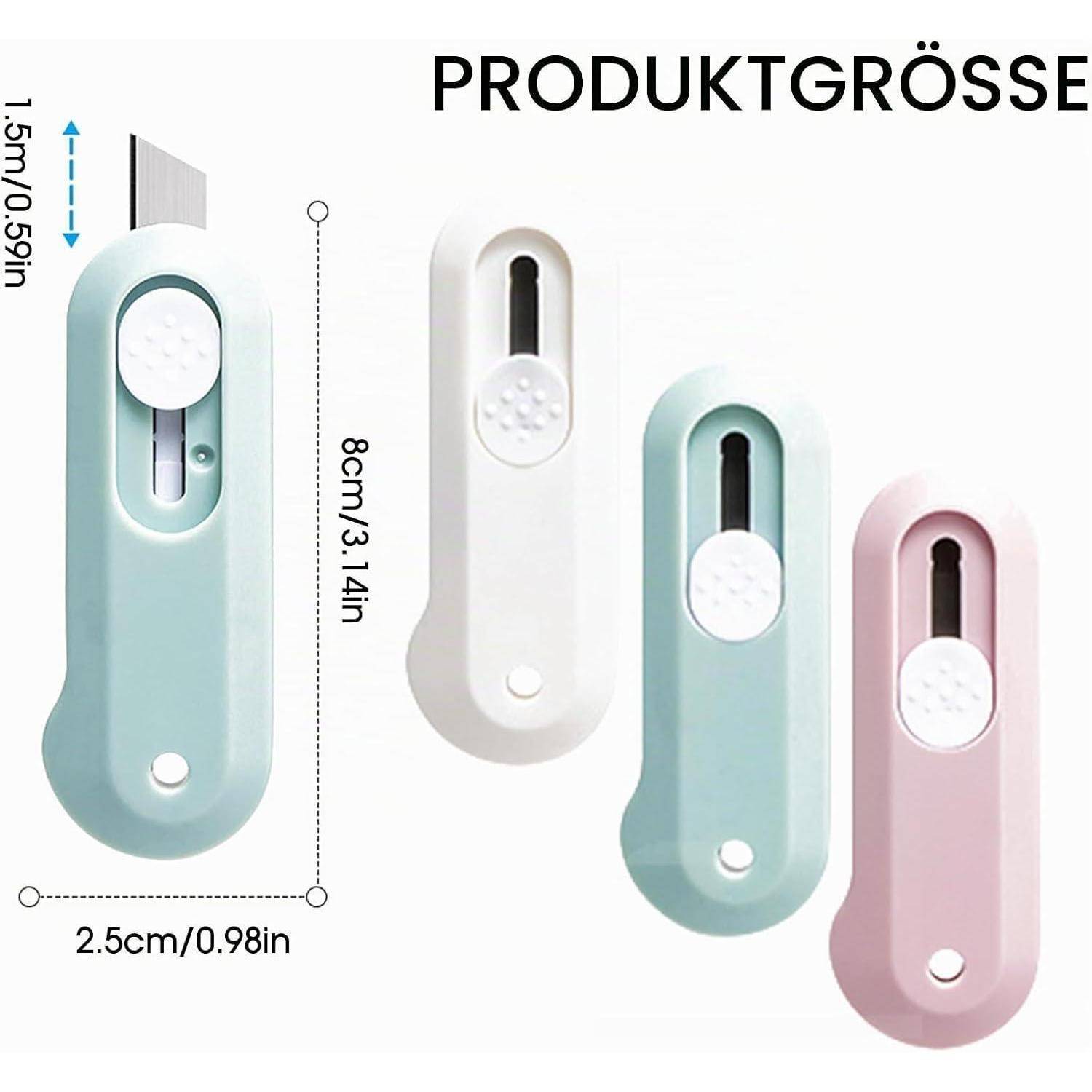 Produktgrößen-Diagramm, das ein kleines wandmontiertes Gerät zeigt, 8 cm hoch und 2,5 cm breit, in Mintgrün, Weiß und Rosa.