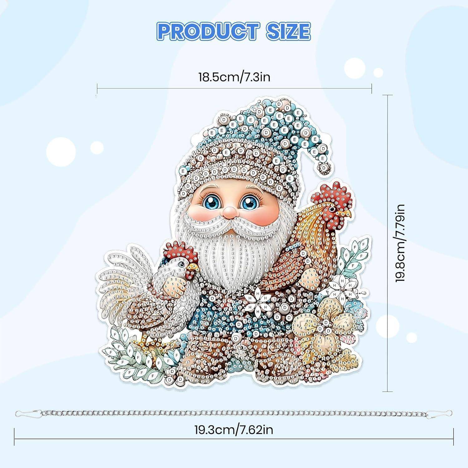 Größentabelle für Produkt zeigt einen behangten Weihnachtsmann mit Hahn- und Hennen-Design; Abmessungen sind 18,5 cm breit, 19,8 cm hoch und Kettenlänge 19,3 cm.