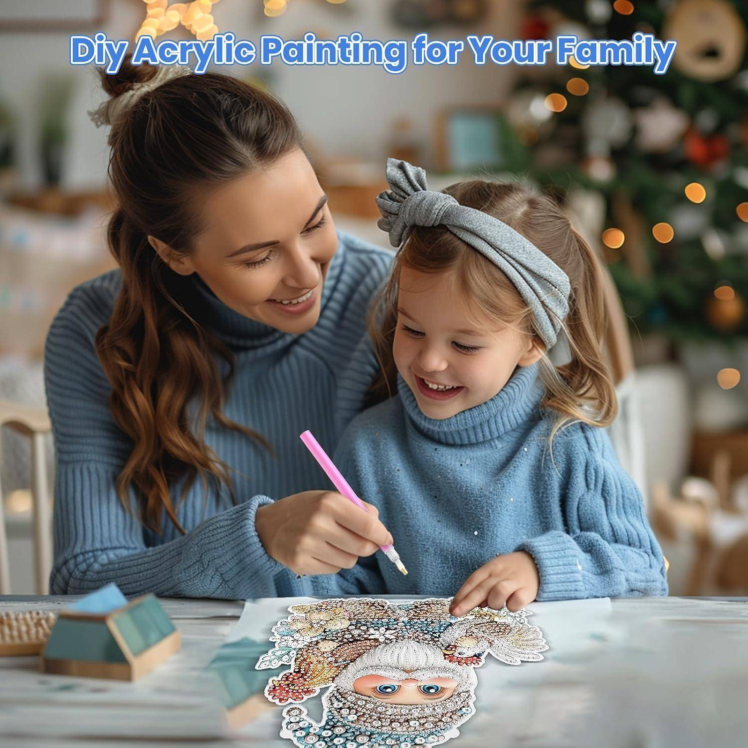 Frau und junges Mädchen malen zusammen an einem Tisch mit einem DIY-Acrylgemälde, mit dem Text „DIY-Acrylmalerei für Ihre Familie