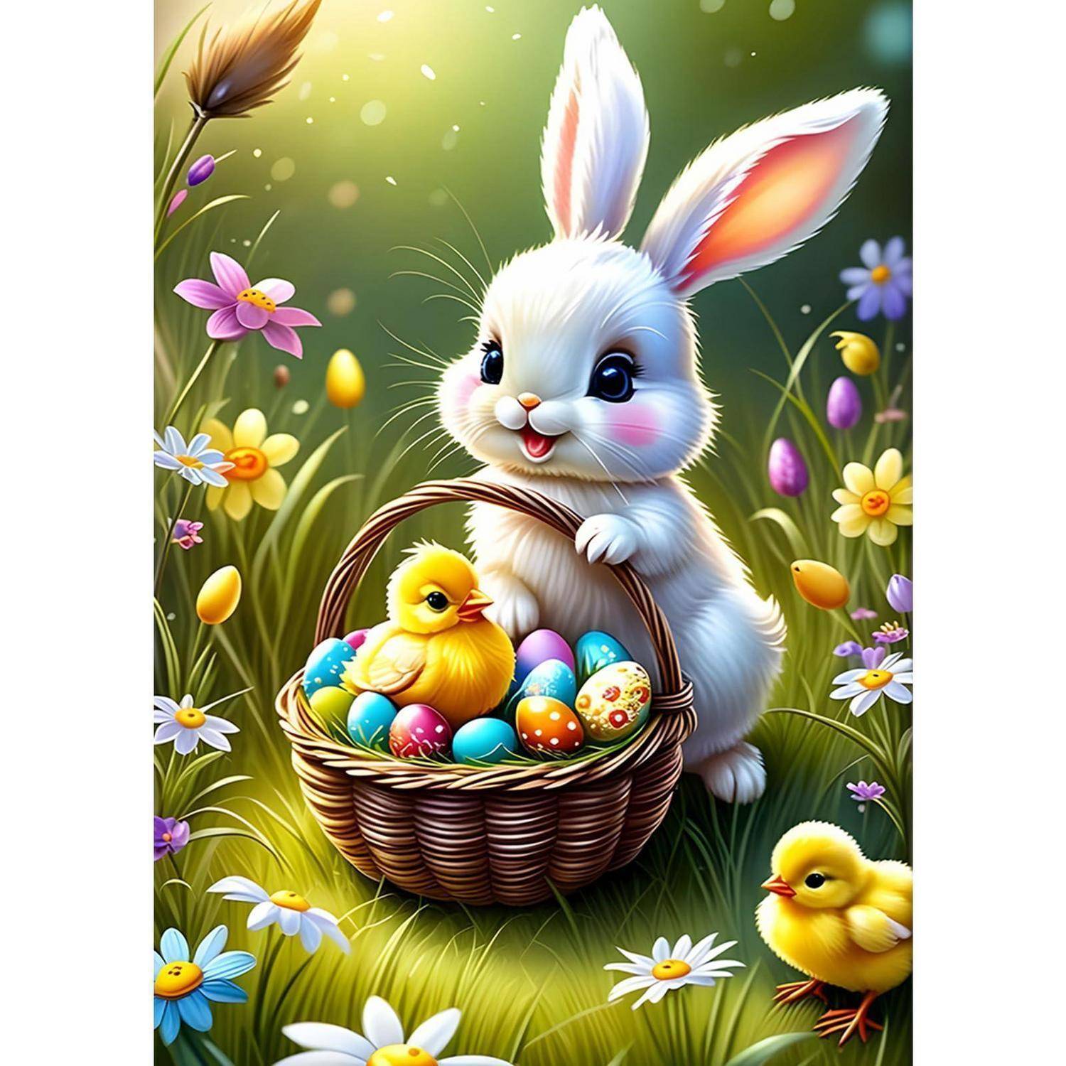 Weißes Kaninchen mit einem Korb voller bunter Ostereier und einem gelben Küken in einer blütenreichen Frühjahrswiese, mit einem weiteren Küken in der Nähe.