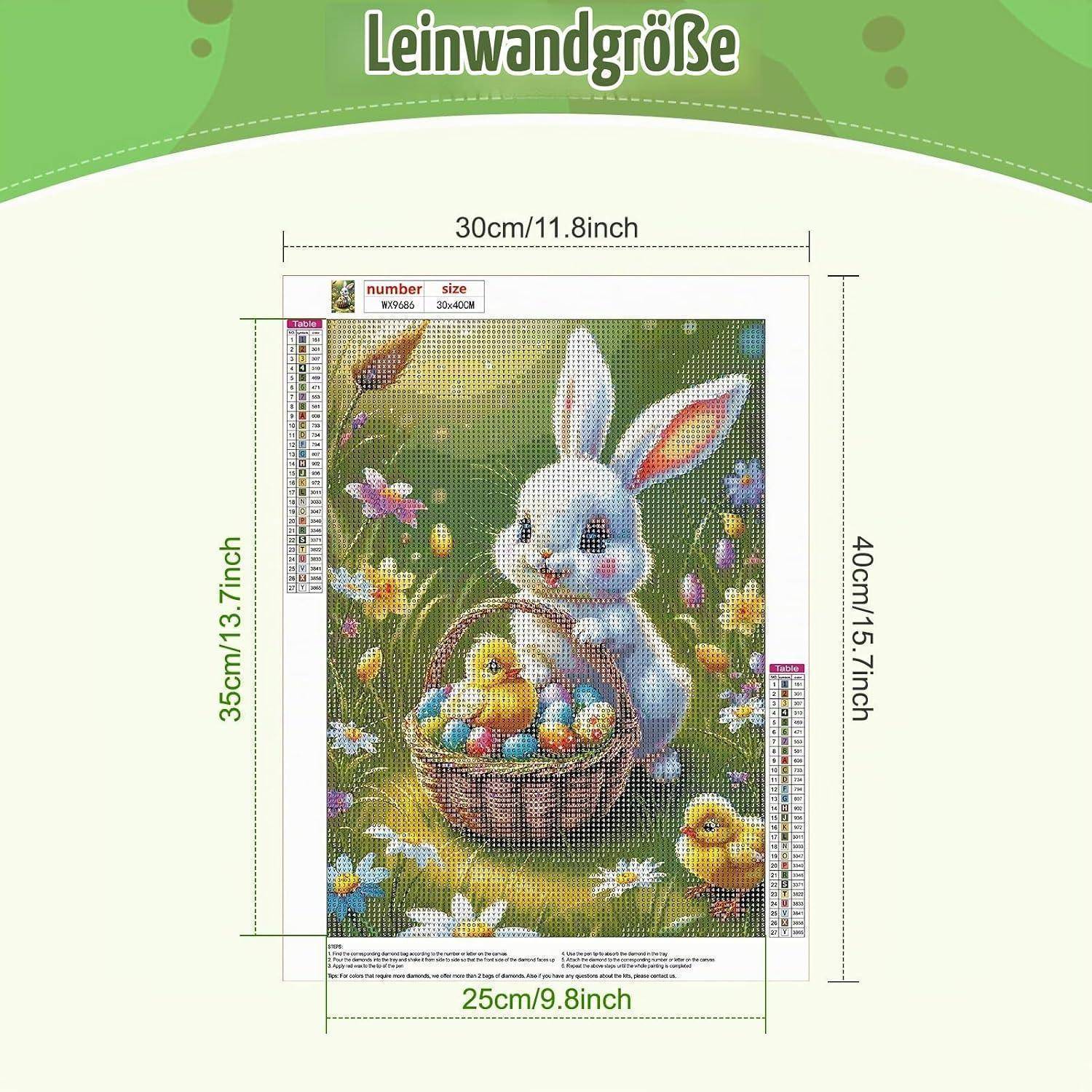 Diagramm, das die Leinwandgröße für ein Ausmalbild-Set mit Häschen und Küken zeigt, mit einer Gesamtgröße von 30 cm x 40 cm und einem Bildbereich von 25 cm x 35 cm.