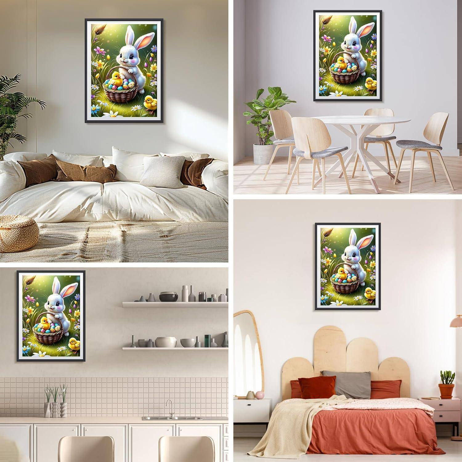 Collage eines gerahmten Kaninchendrucks mit Ostereiern, der in einem Schlafzimmer, Esszimmer, Küche und einem weiteren Schlafzimmer ausgestellt ist.