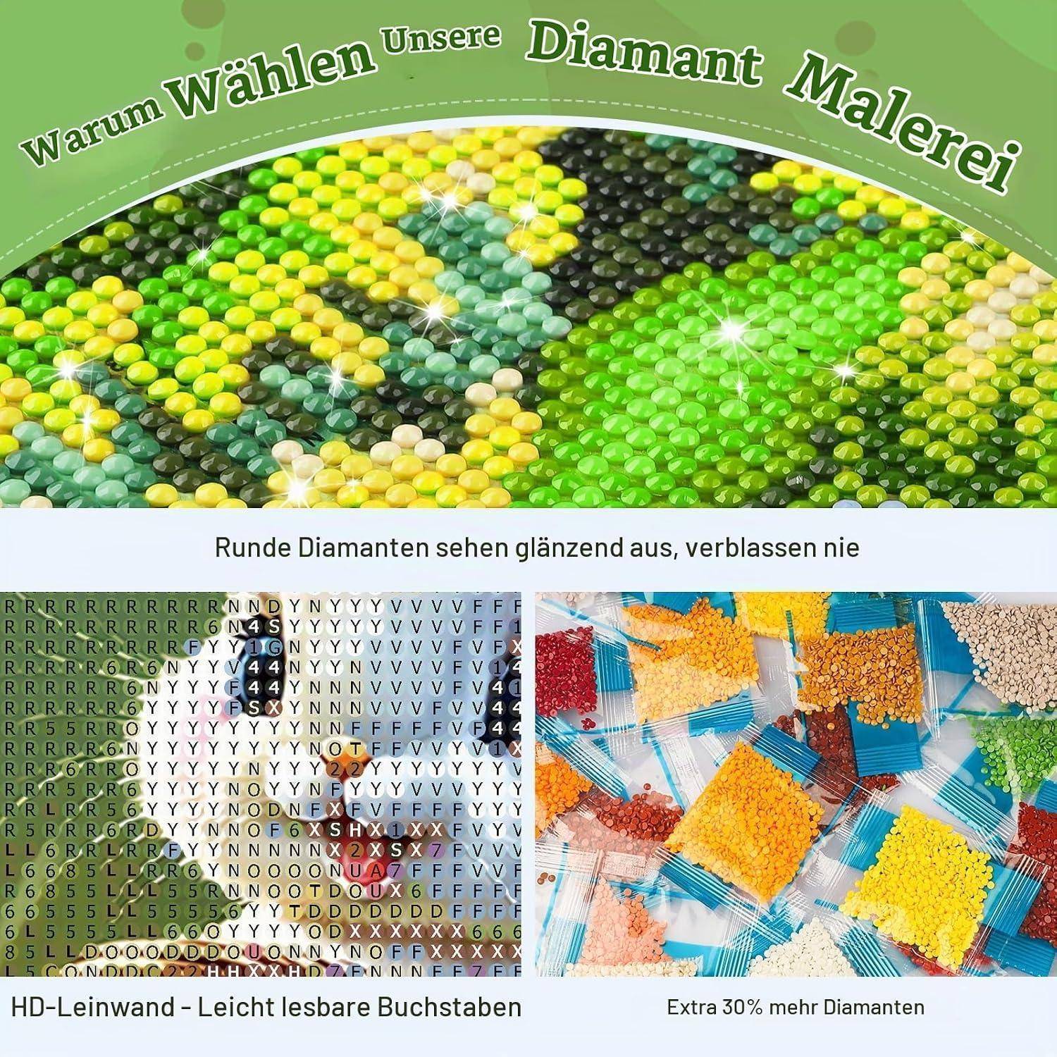 Werbegrafik für Diamantmalerei mit funkelndem Perlenkunstwerk, einem lesbaren Symboldiagramm und zusätzlichen Diamantpaketen; der Text besagt, dass runde Diamanten glänzen und nicht verblassen.