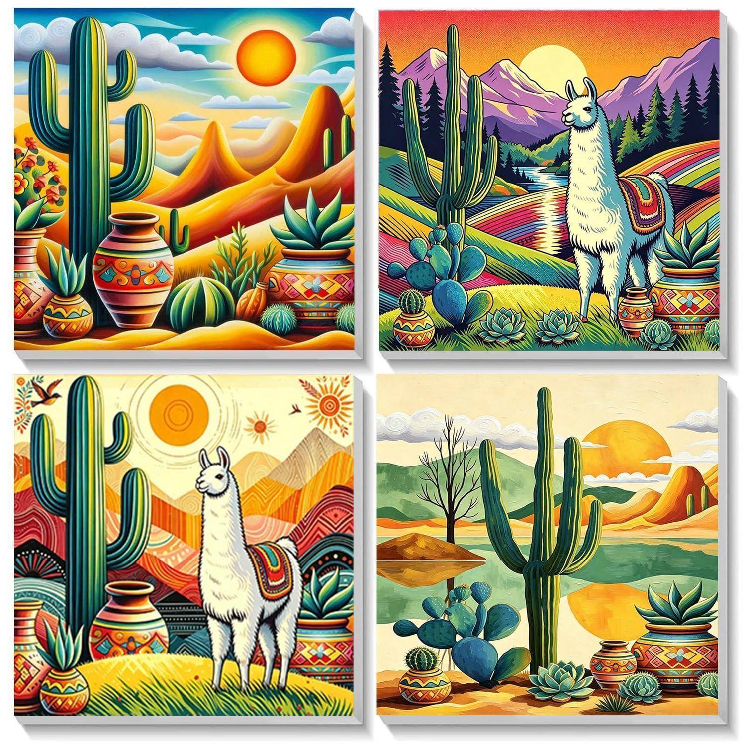 Vier farbenfrohe Wüstenillustrationen mit Kakteen, Keramik, Bergen und einem weißen Lama in einer stilisierten südwestlichen Landschaft.