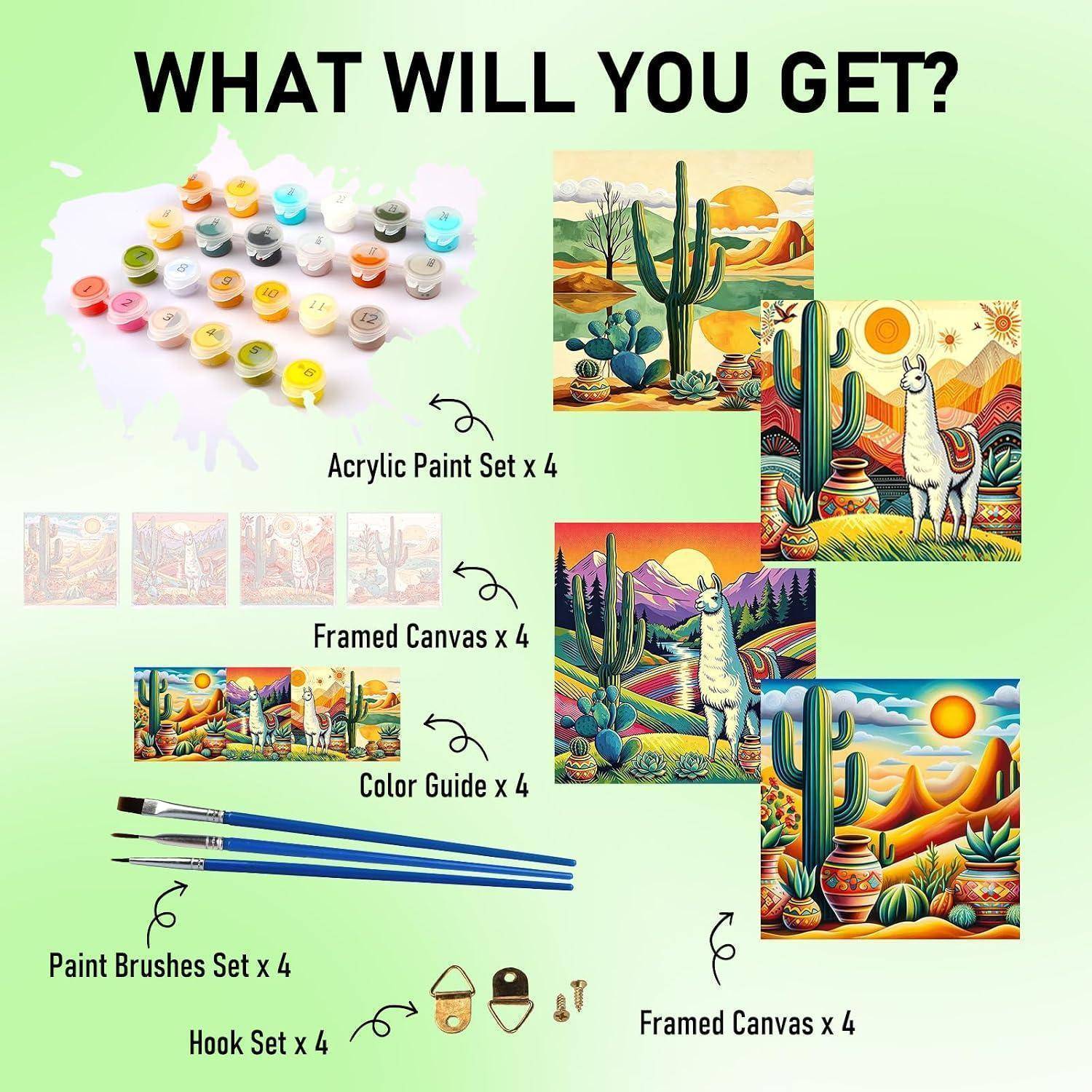 Produktinhalts-Grafik mit vier Acrylfarb-Sets, vier gerahmten Leinwänden, vier Farbanleitungen, vier Pinselsätzen und vier Hakensätzen, mit Beispiel-Kunstwerk einer Wüstenlamaherde.