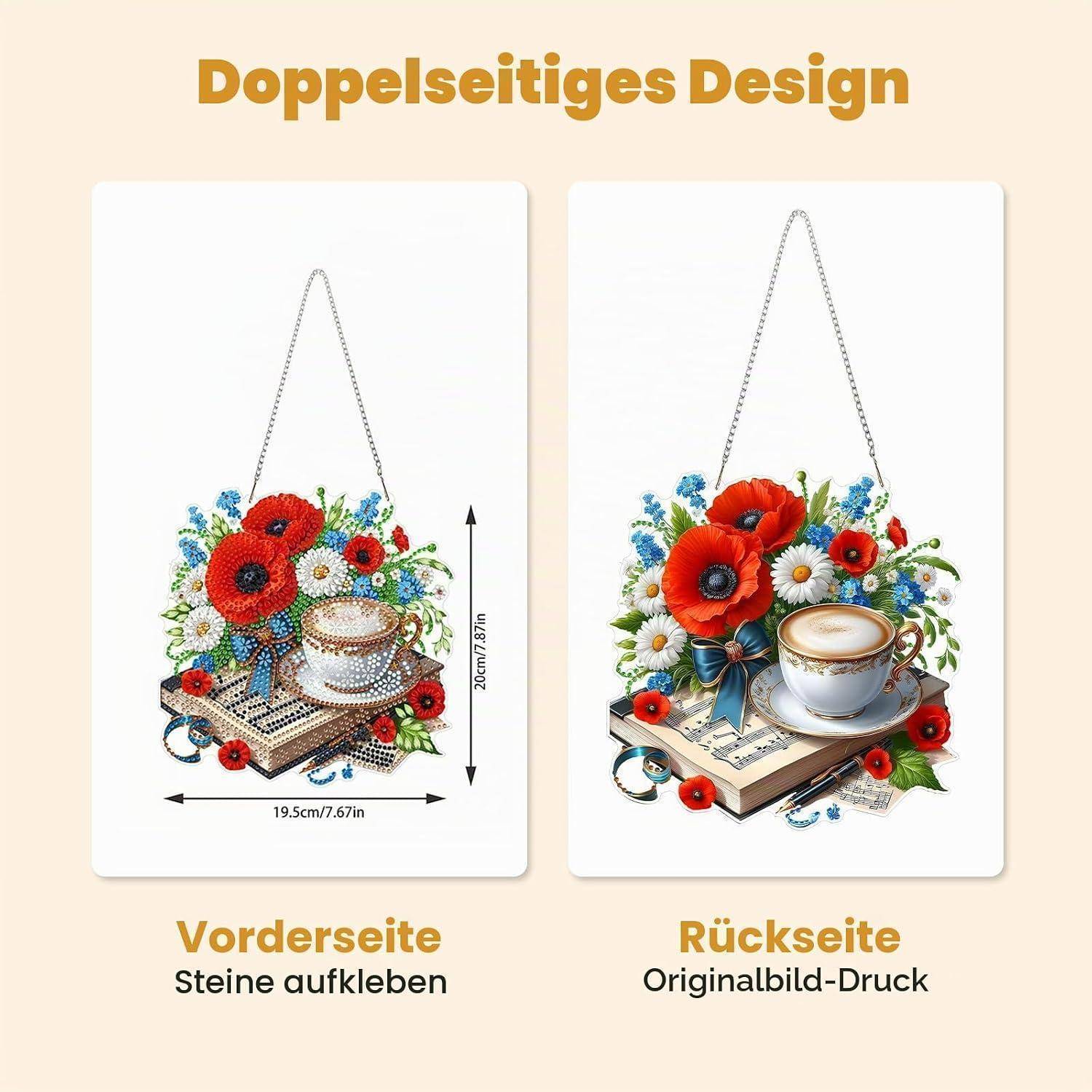 Zweiseitiges Produktdesign von vorne und hinten: eine blumige Kaffeetassen-Verzierung mit der Vorderseite gekennzeichnet als „Steine aufkleben