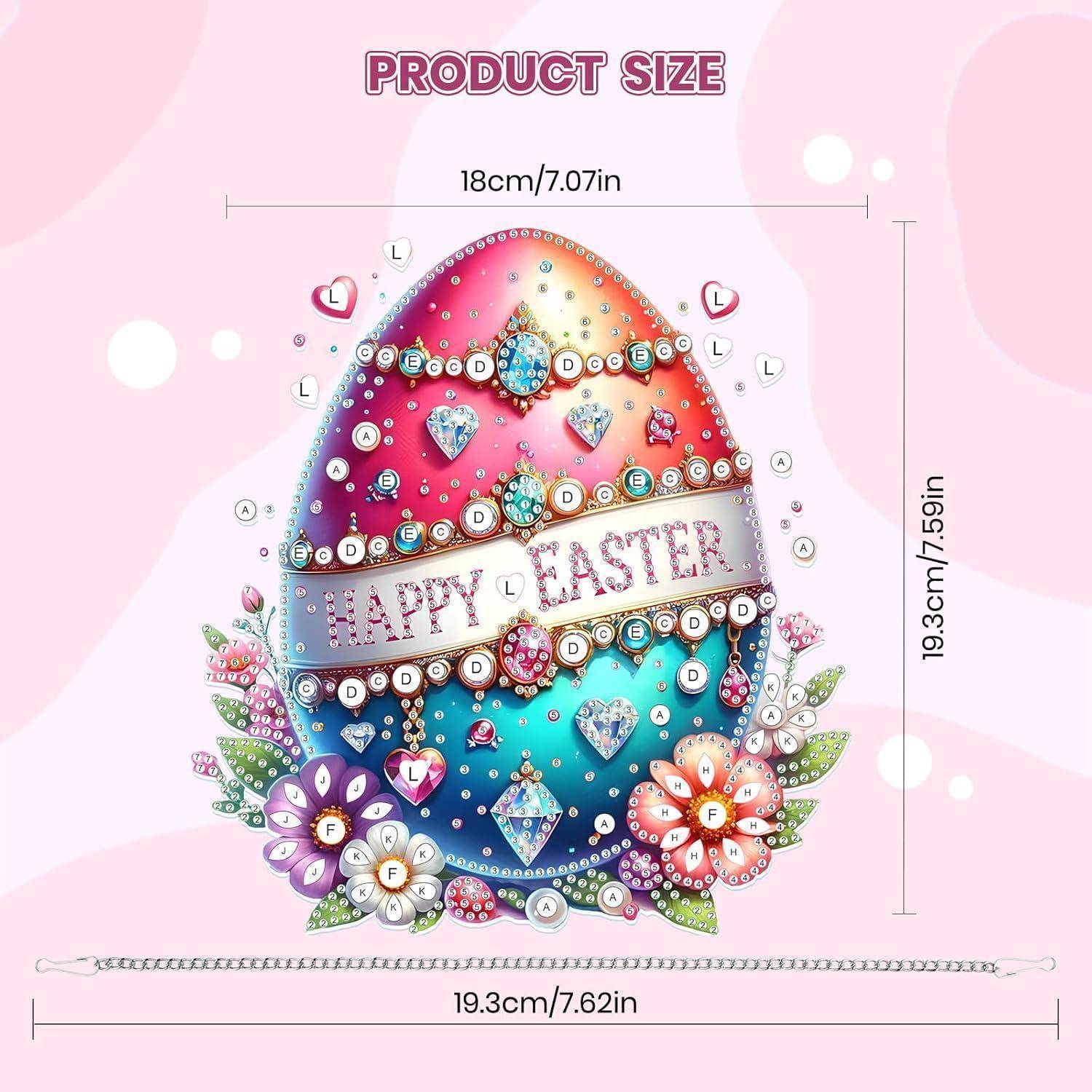 Größendiagramm eines dekorativen Ostereiornaments mit Blumen und „HAPPY EASTER
