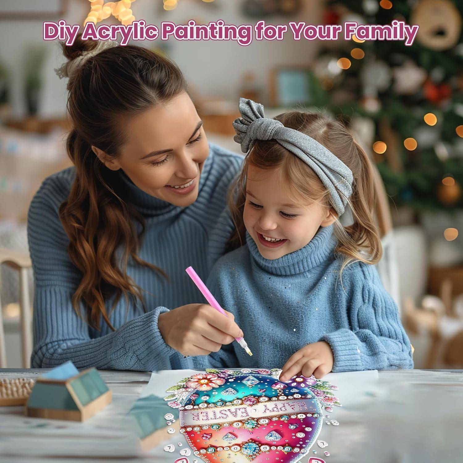 Mutter hilft junger Tochter bei einem DIY-Acrylmalerei-Handwerk an einem Tisch; Text liest 