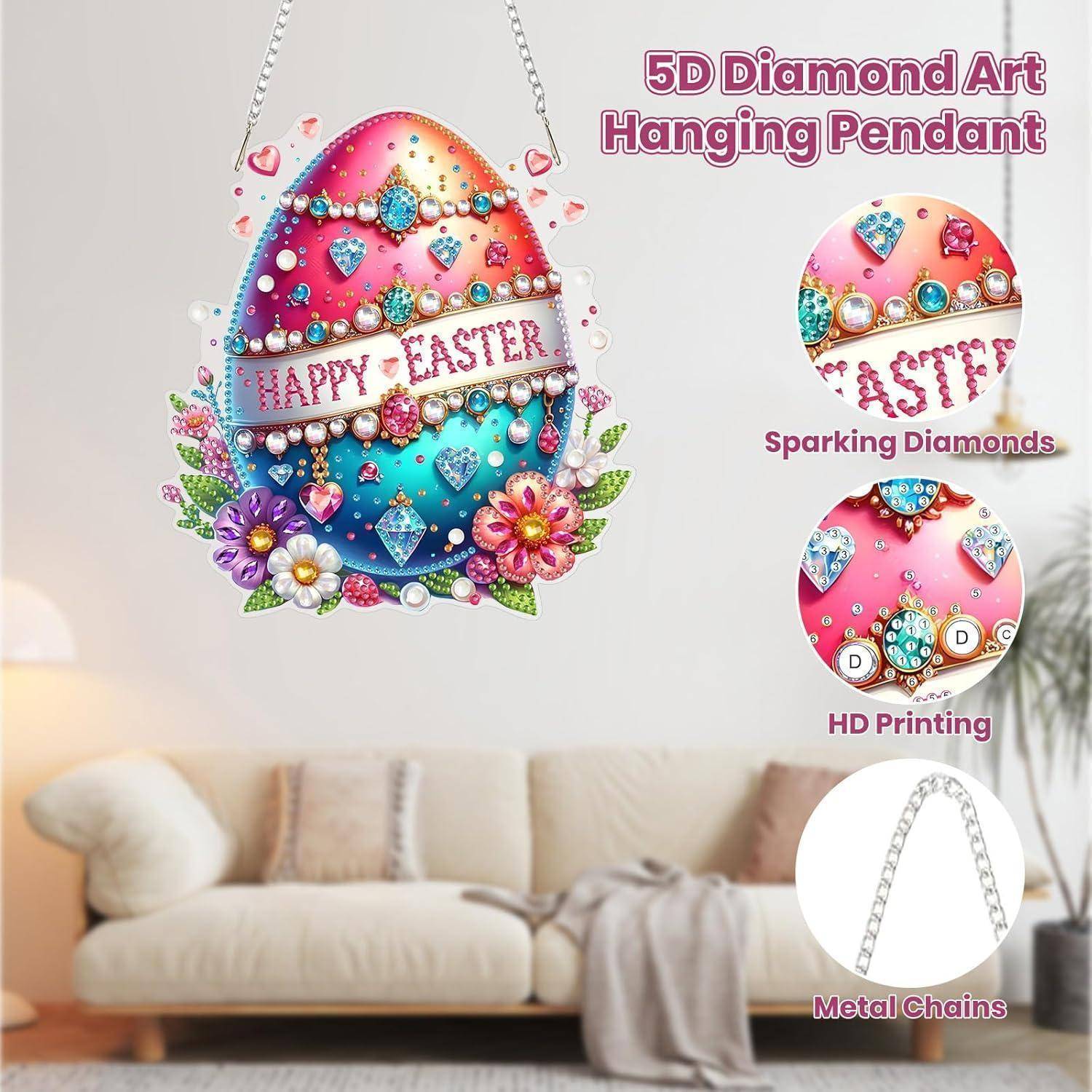 Werbeabbildung eines 5D-Diamant-Kunstanhängers in Form eines Ostereies mit dem Text 