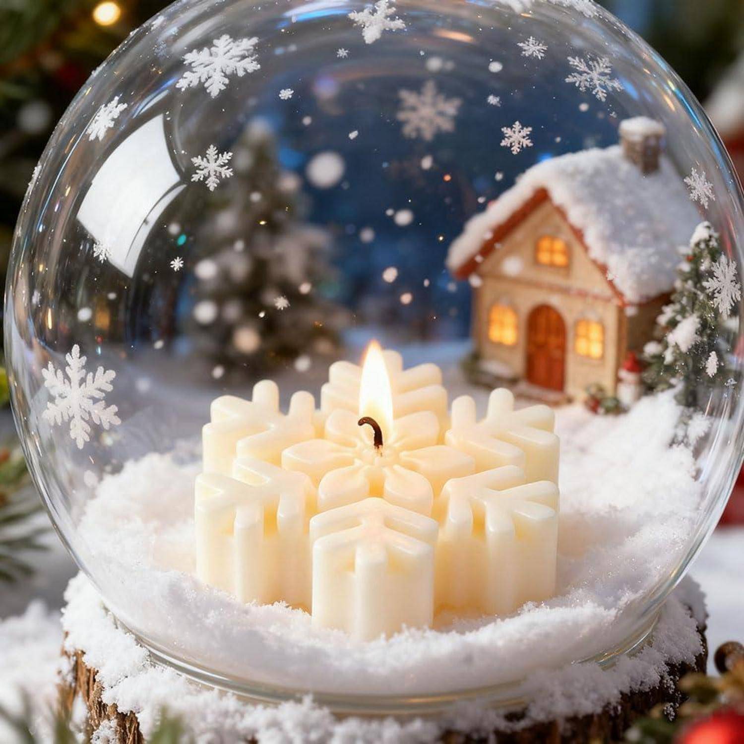 Leuchtende schneeflockenförmige Kerze in einer Schneekugel, mit einem kleinen verschneiten Haus im Hintergrund.