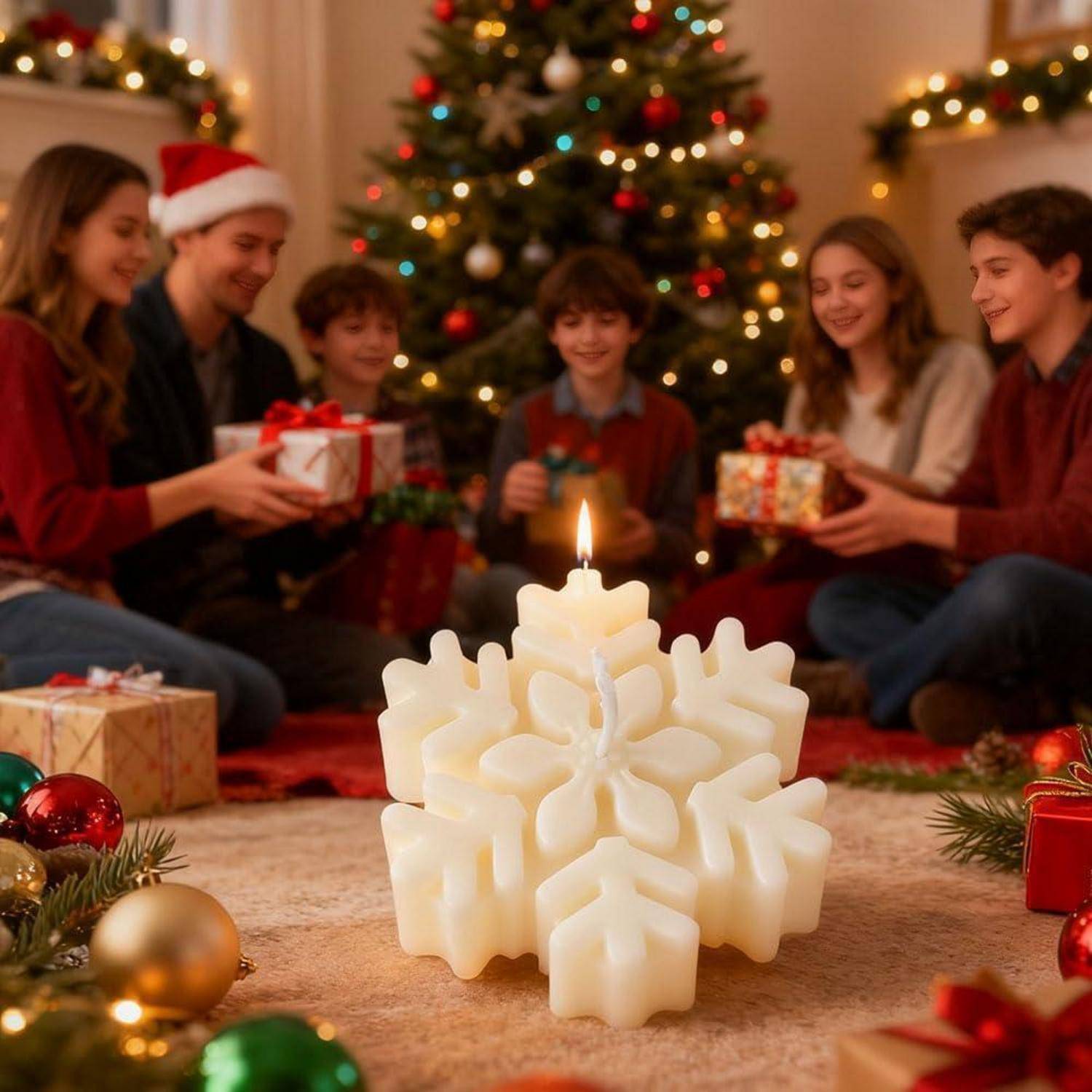 Brennende schneeflockenförmige Kerze im Vordergrund mit Kindern, die neben einem geschmückten Weihnachtsbaum im Hintergrund Weihnachtsgeschenke austauschen.