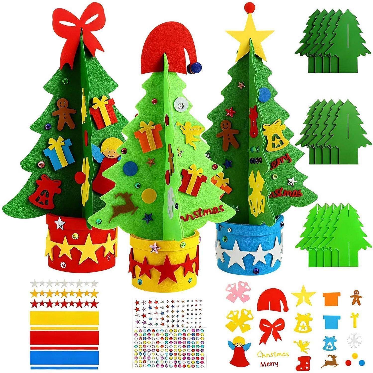 Bastelset für Weihnachtsbäume aus Schaumstoff in Rot, Grün und Blau, verziert mit Sternen, Schleifen, Geschenken und dem Text „Christmas