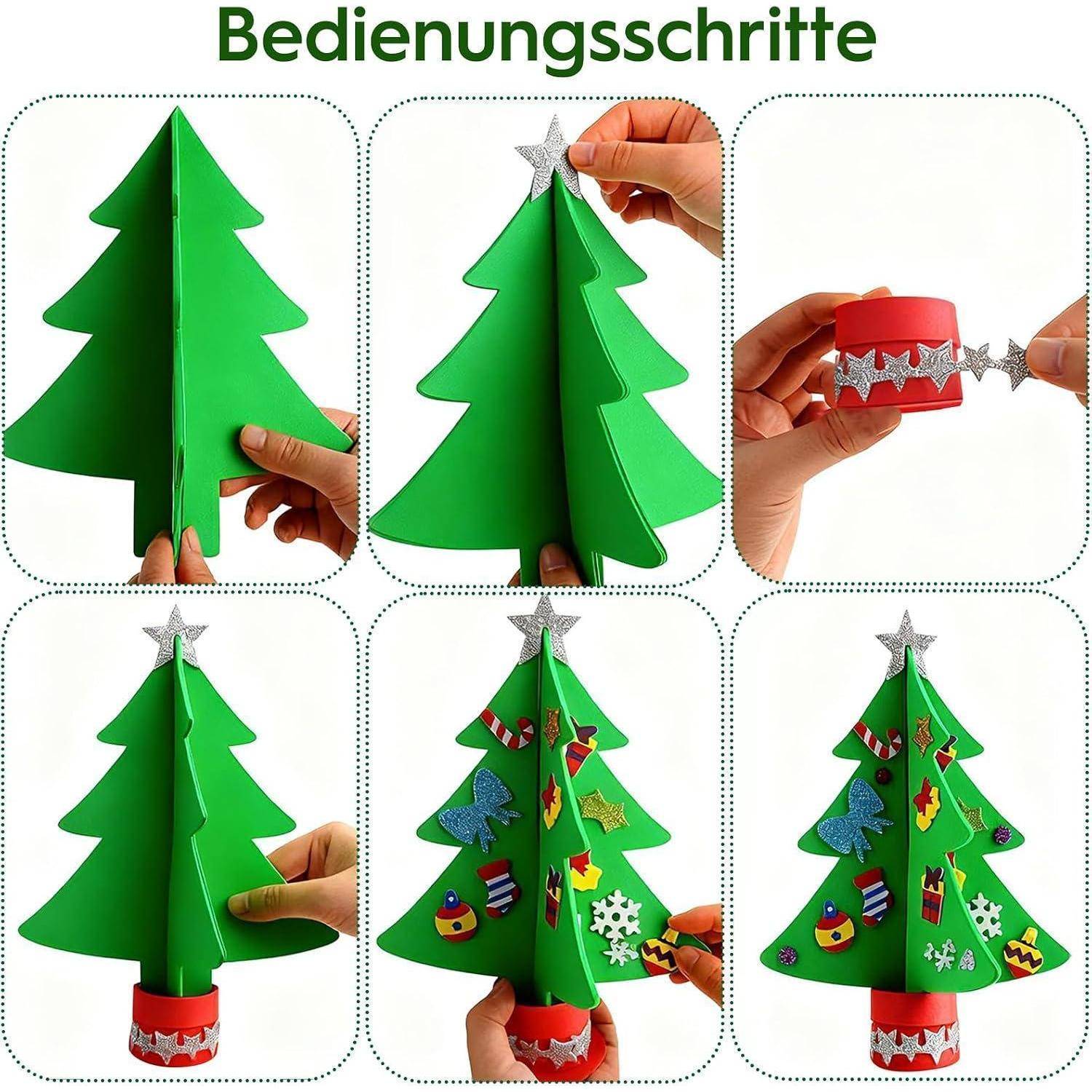 Schritt-für-Schritt-Collage zeigt Hände, die einen grünen Weihnachtsbaum aus Papier zusammenbauen und eine rote Basis, einen silbernen Stern und Verzierungen hinzufügen.