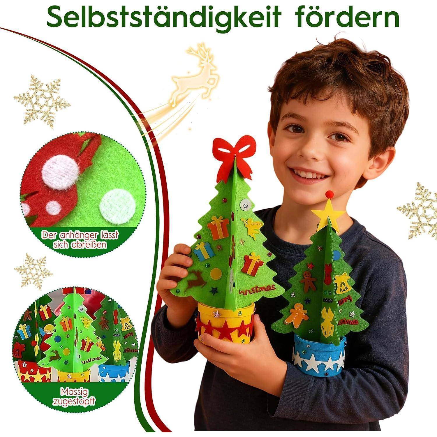 Junge hält dekorierte Filz-Weihnachtsbaum-Bastelsets mit abnehmbaren, leicht zu befestigenden Teilen; deutscher Text sagt „Selbstständigkeit fördern