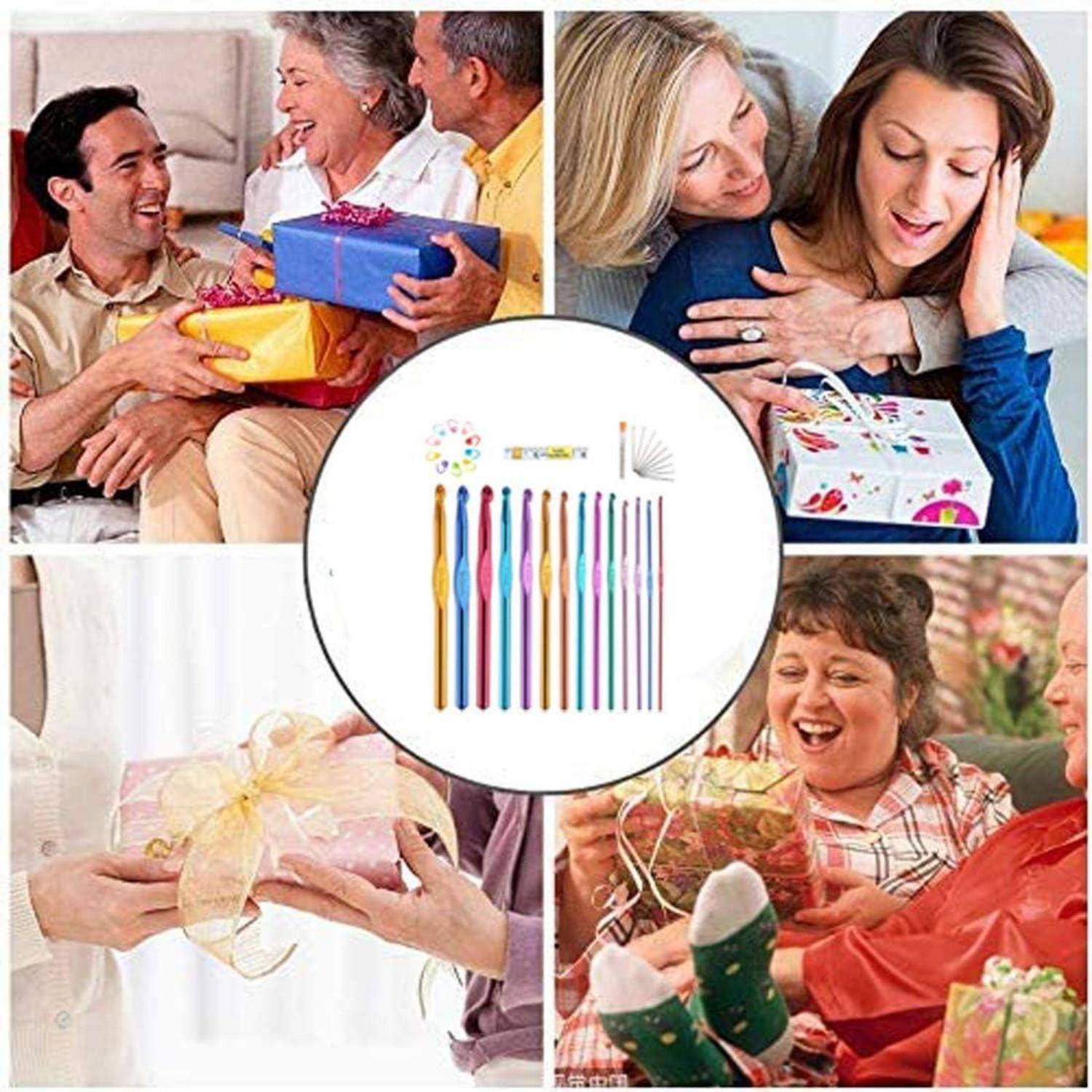 Collage von Personen, die lächeln, während sie Geschenke austauschen, mit einer zentralen Einfügung von assortiertem buntem Häkelzubehör und Accessoires.