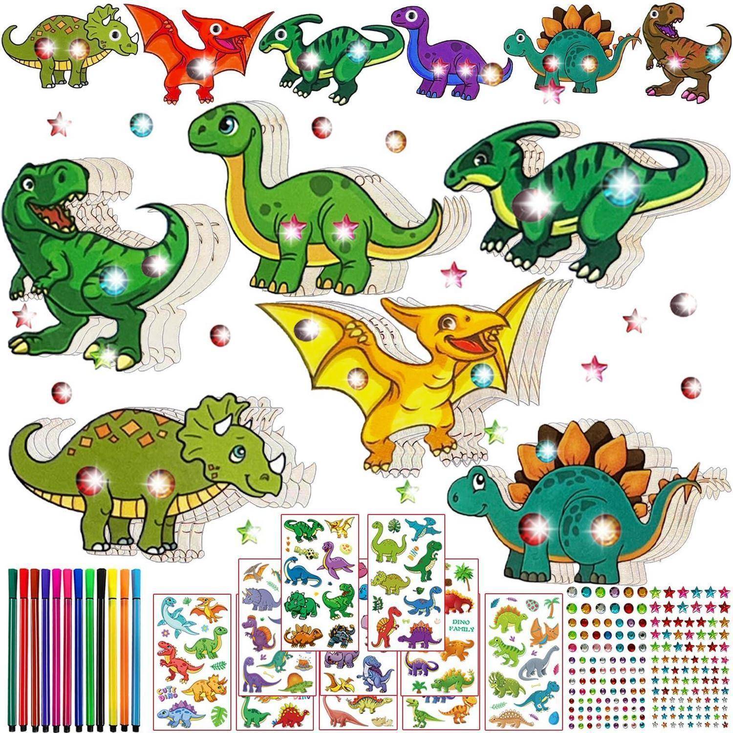 Buntes Dinosaurier-Aufkleberset mit Cartoon-Dinosauriern, Markern und Blättern mit assotierten Aufklebern und Sternformen.